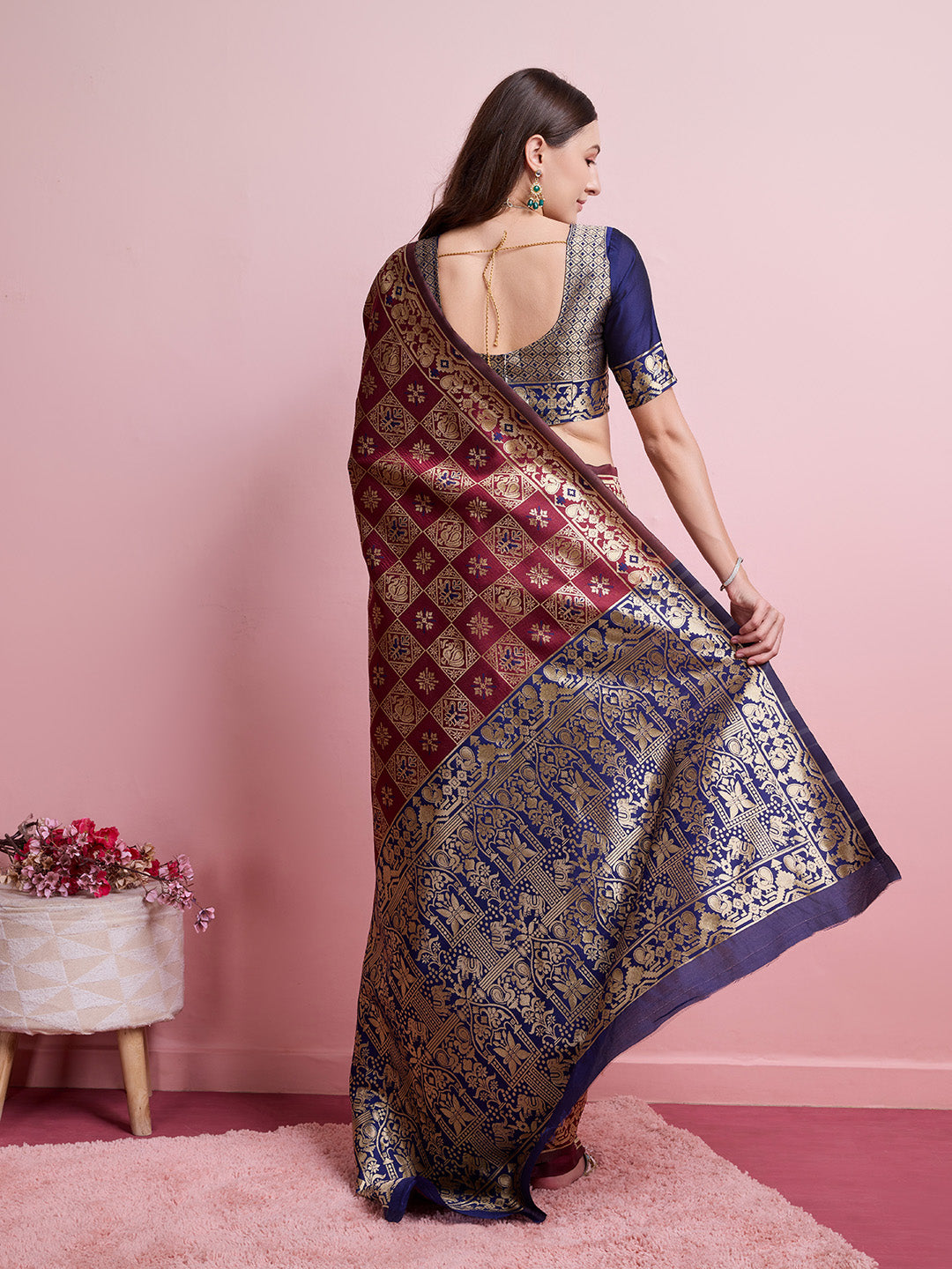DrapeKatha Crimson Grace – Digital Print Banarasi Silk Blend Saree