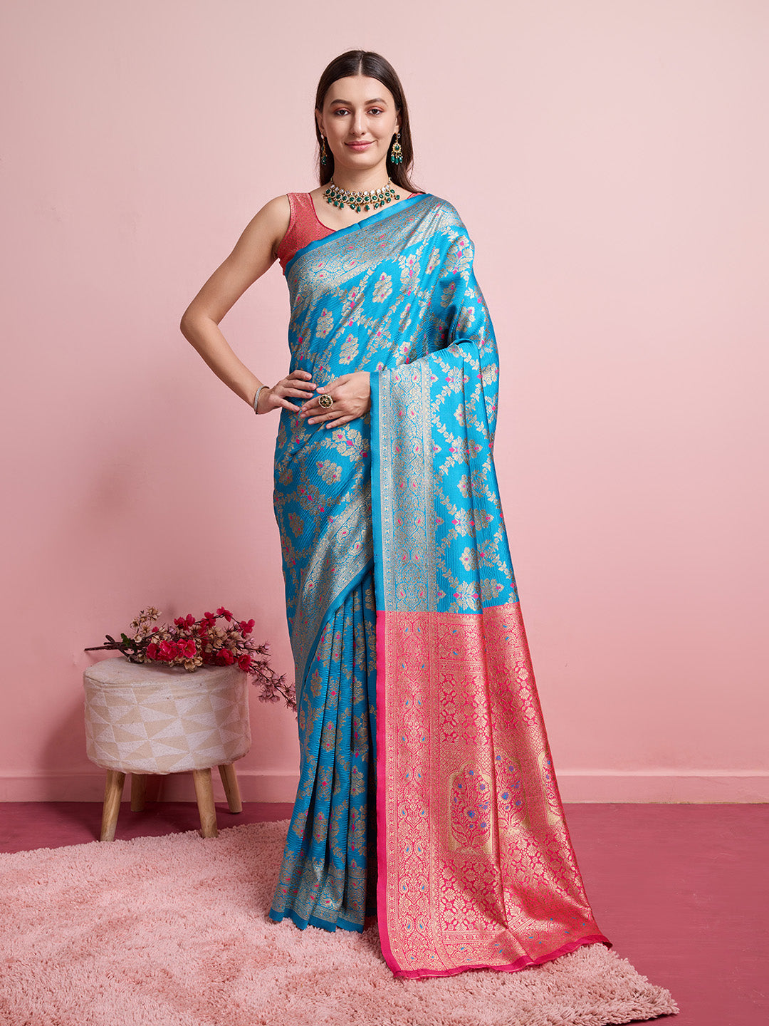 DrapeKatha Indigo Tale – Digital Print Banarasi Silk Blend Saree