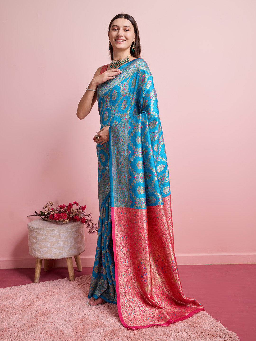 DrapeKatha Indigo Tale – Digital Print Banarasi Silk Blend Saree