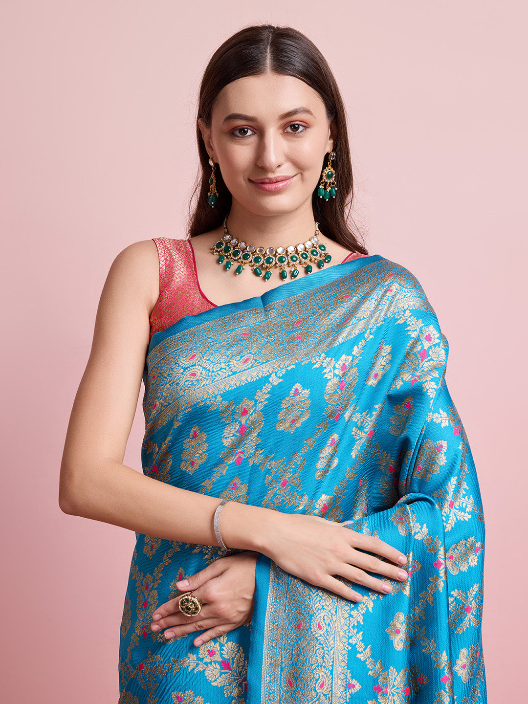 DrapeKatha Indigo Tale – Digital Print Banarasi Silk Blend Saree