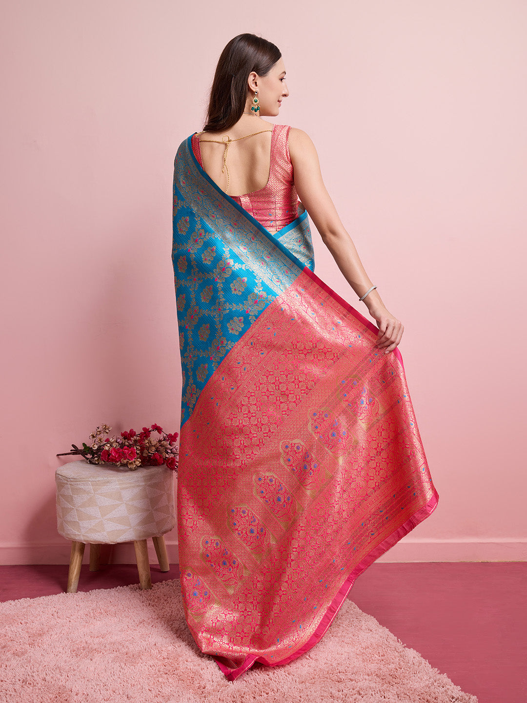 DrapeKatha Indigo Tale – Digital Print Banarasi Silk Blend Saree