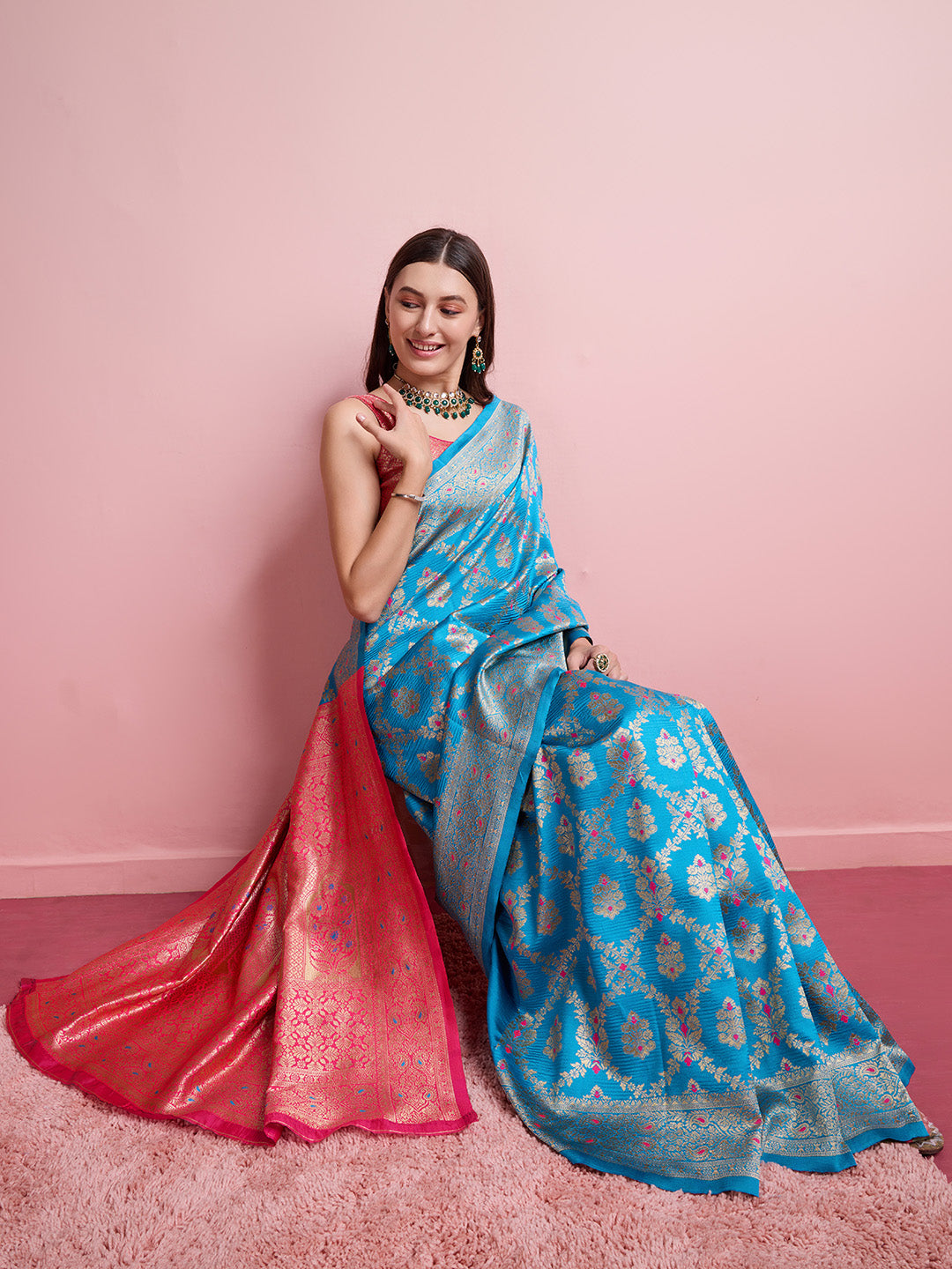 DrapeKatha Indigo Tale – Digital Print Banarasi Silk Blend Saree