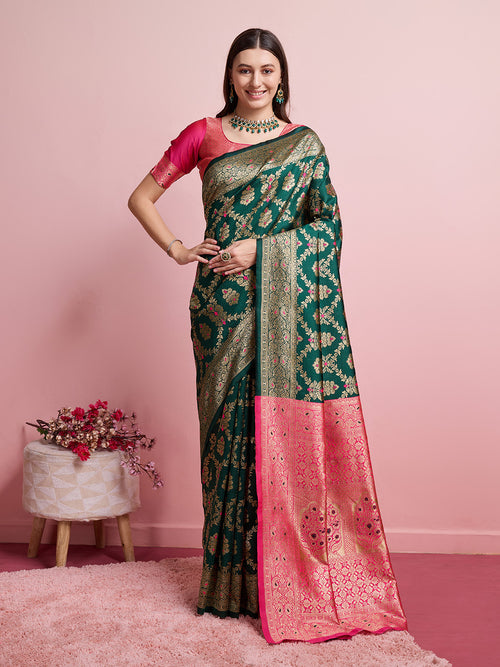 DrapeKatha Basil Bloom – Digital Print Banarasi Silk Blend Saree