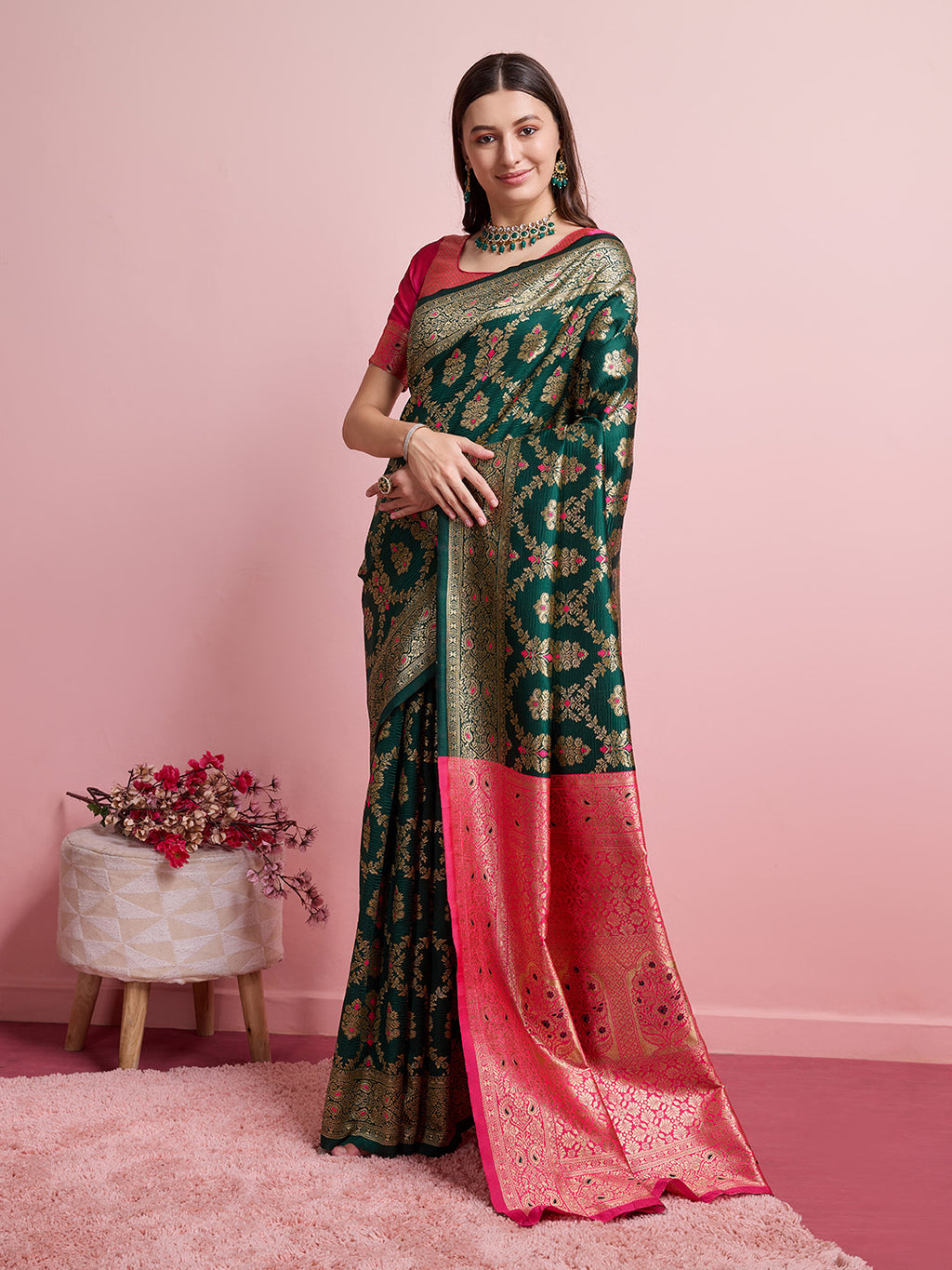 DrapeKatha Basil Bloom – Digital Print Banarasi Silk Blend Saree