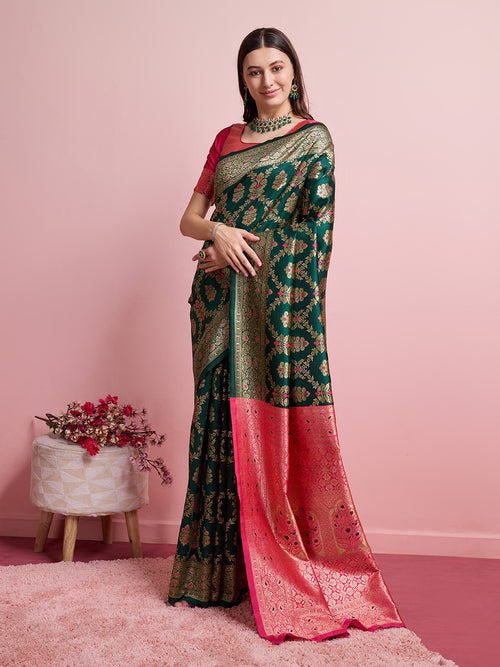 DrapeKatha Basil Bloom – Digital Print Banarasi Silk Blend Saree
