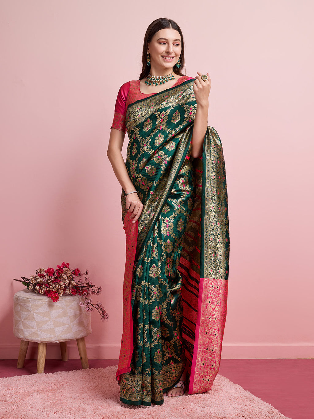 DrapeKatha Basil Bloom – Digital Print Banarasi Silk Blend Saree