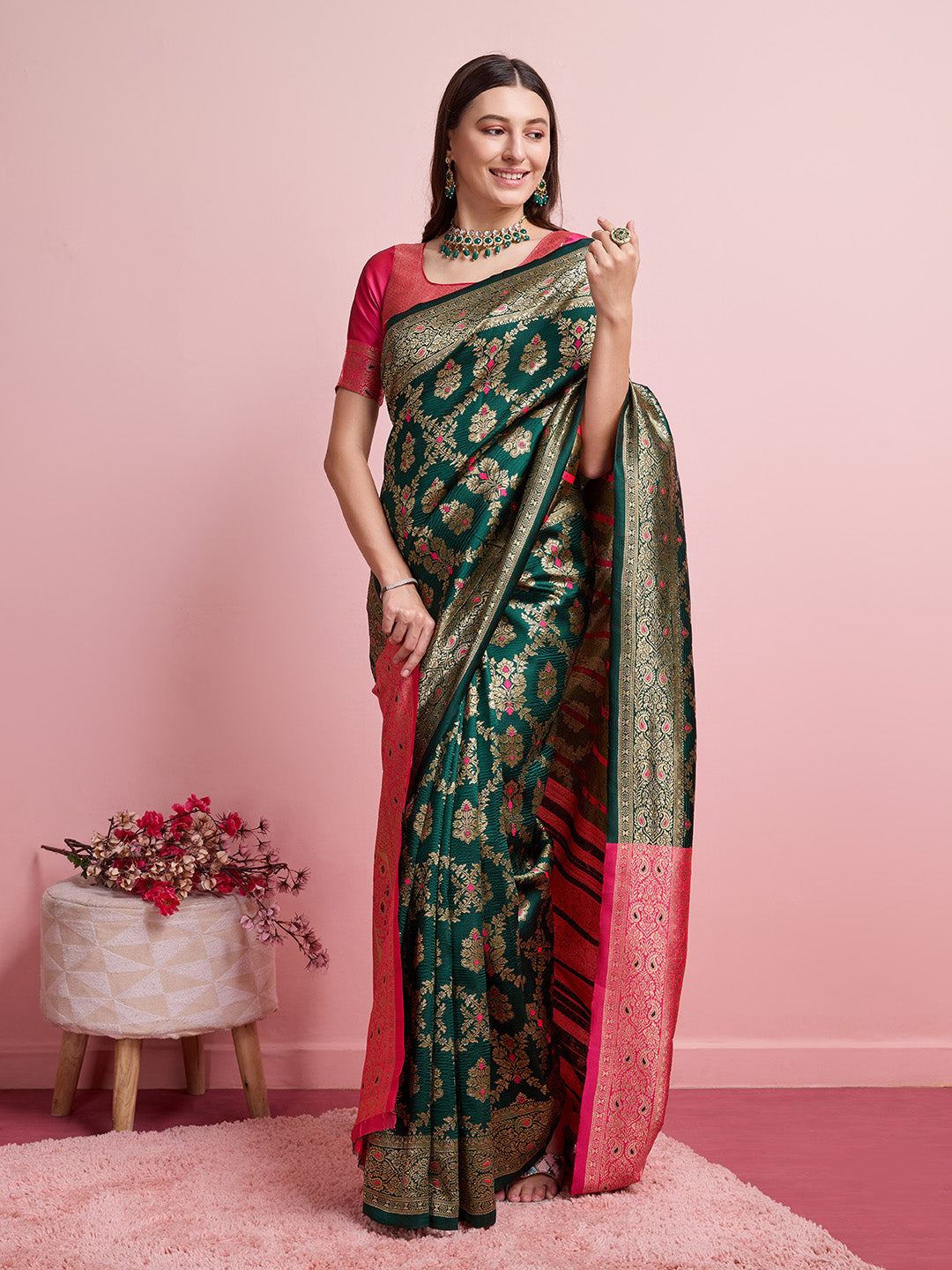 DrapeKatha Basil Bloom – Digital Print Banarasi Silk Blend Saree