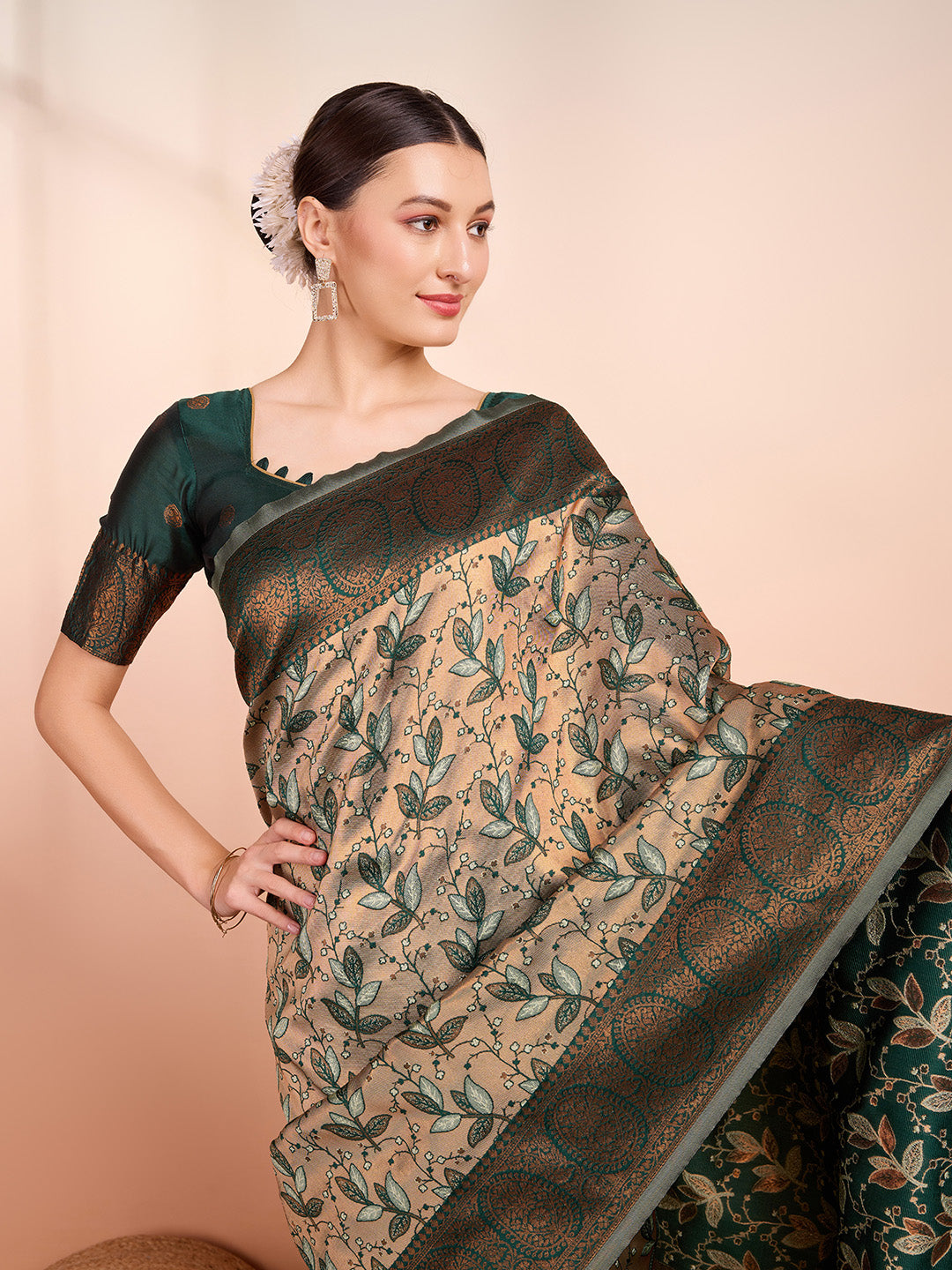 DrapeKatha Forest Dusk – Woven Banarasi Pure Silk Saree