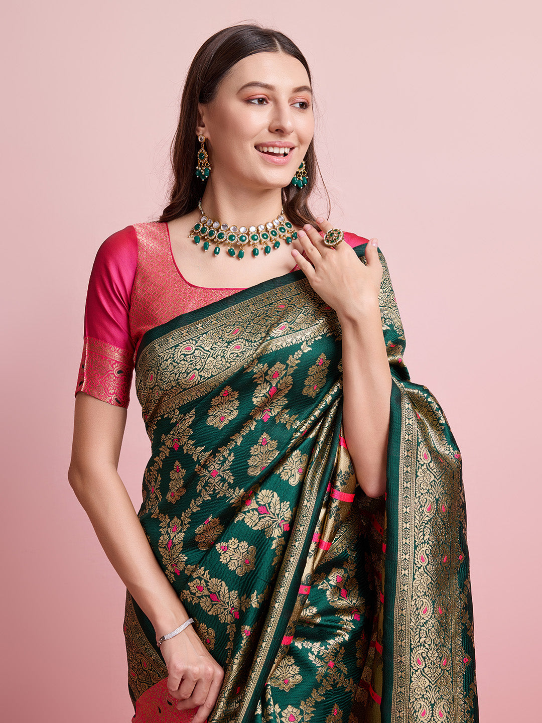 DrapeKatha Basil Bloom – Digital Print Banarasi Silk Blend Saree