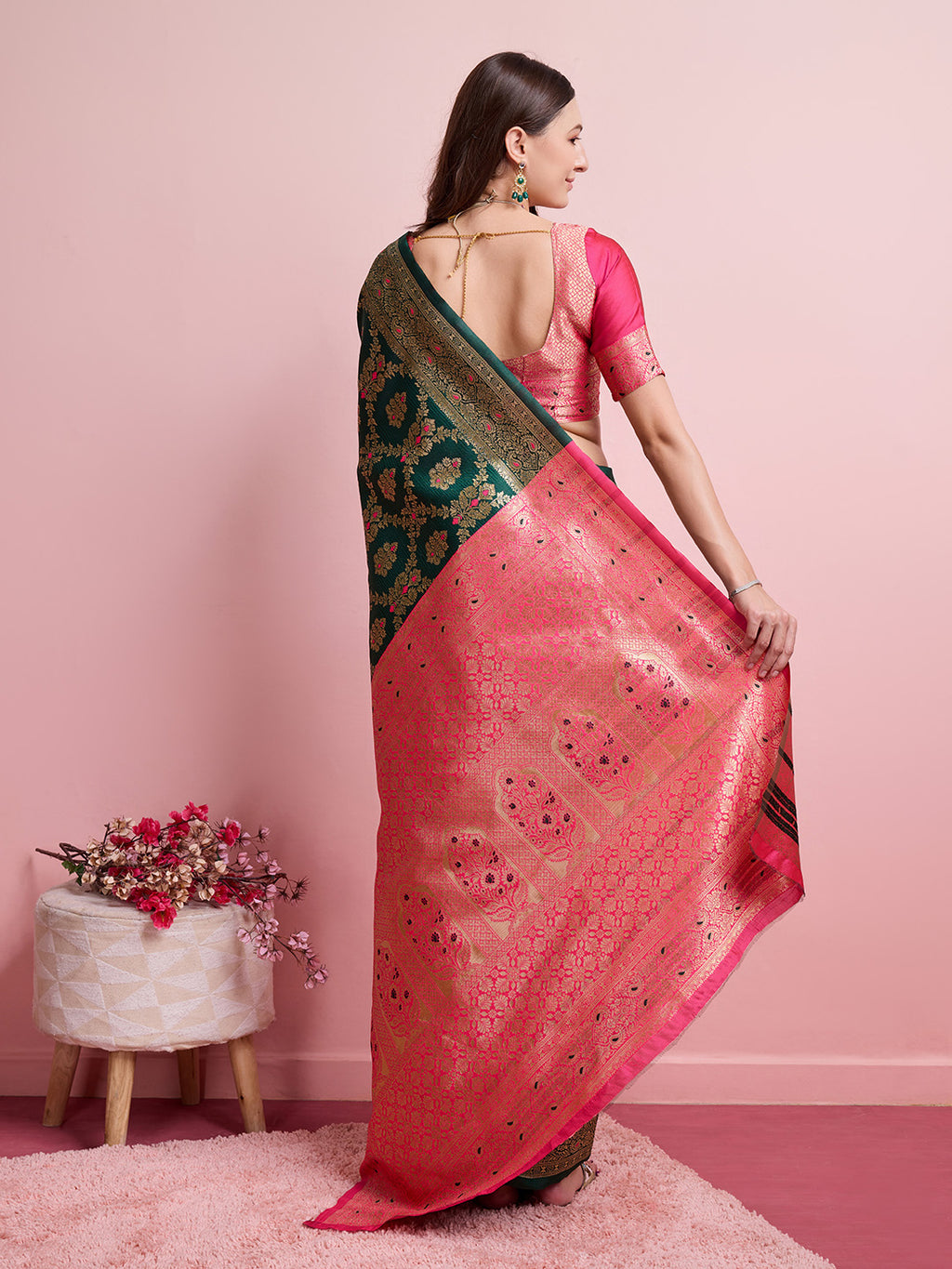 DrapeKatha Basil Bloom – Digital Print Banarasi Silk Blend Saree