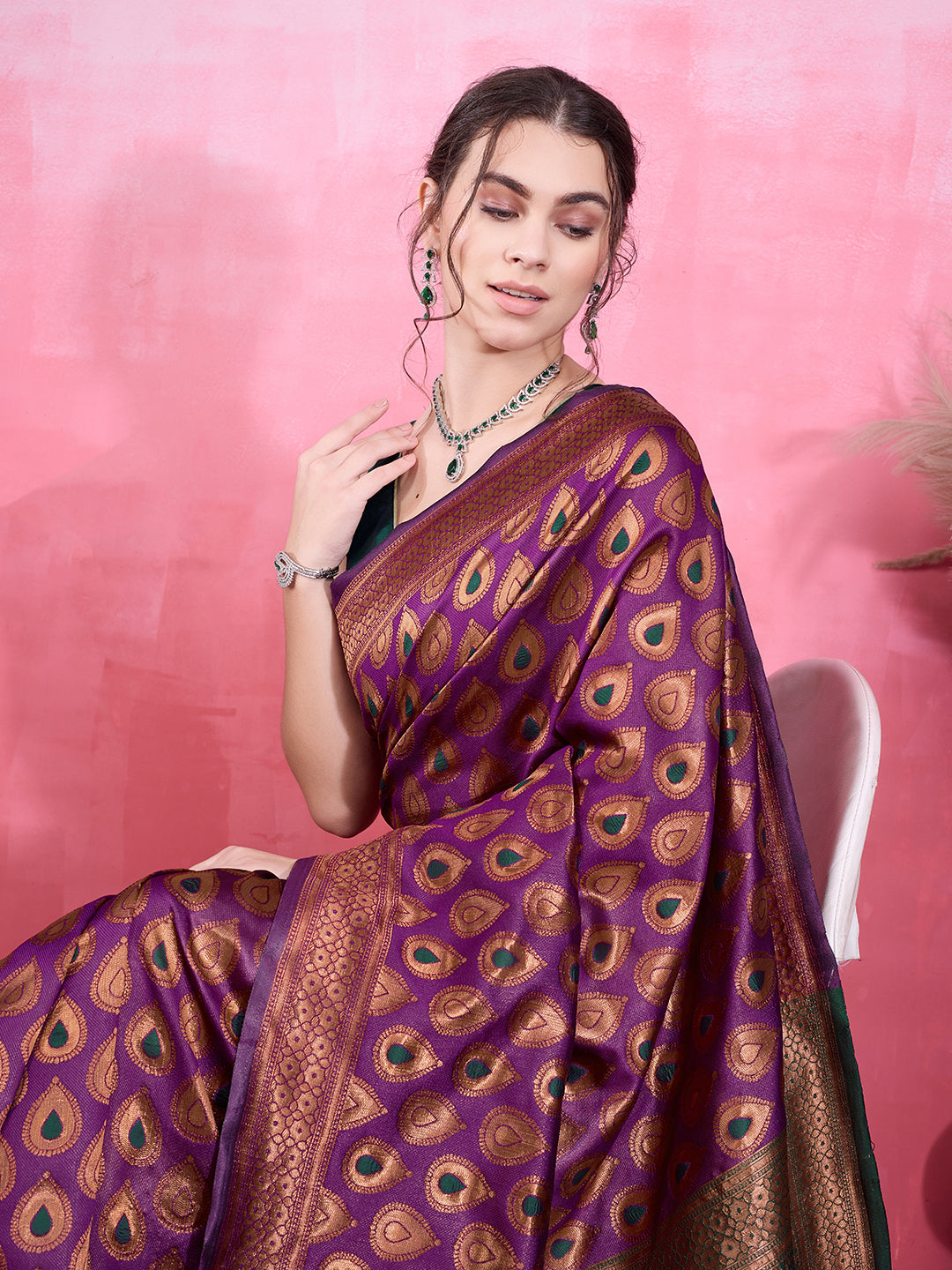 DrapeKatha Violet Veil – Woven Bollywood Pure Silk Saree