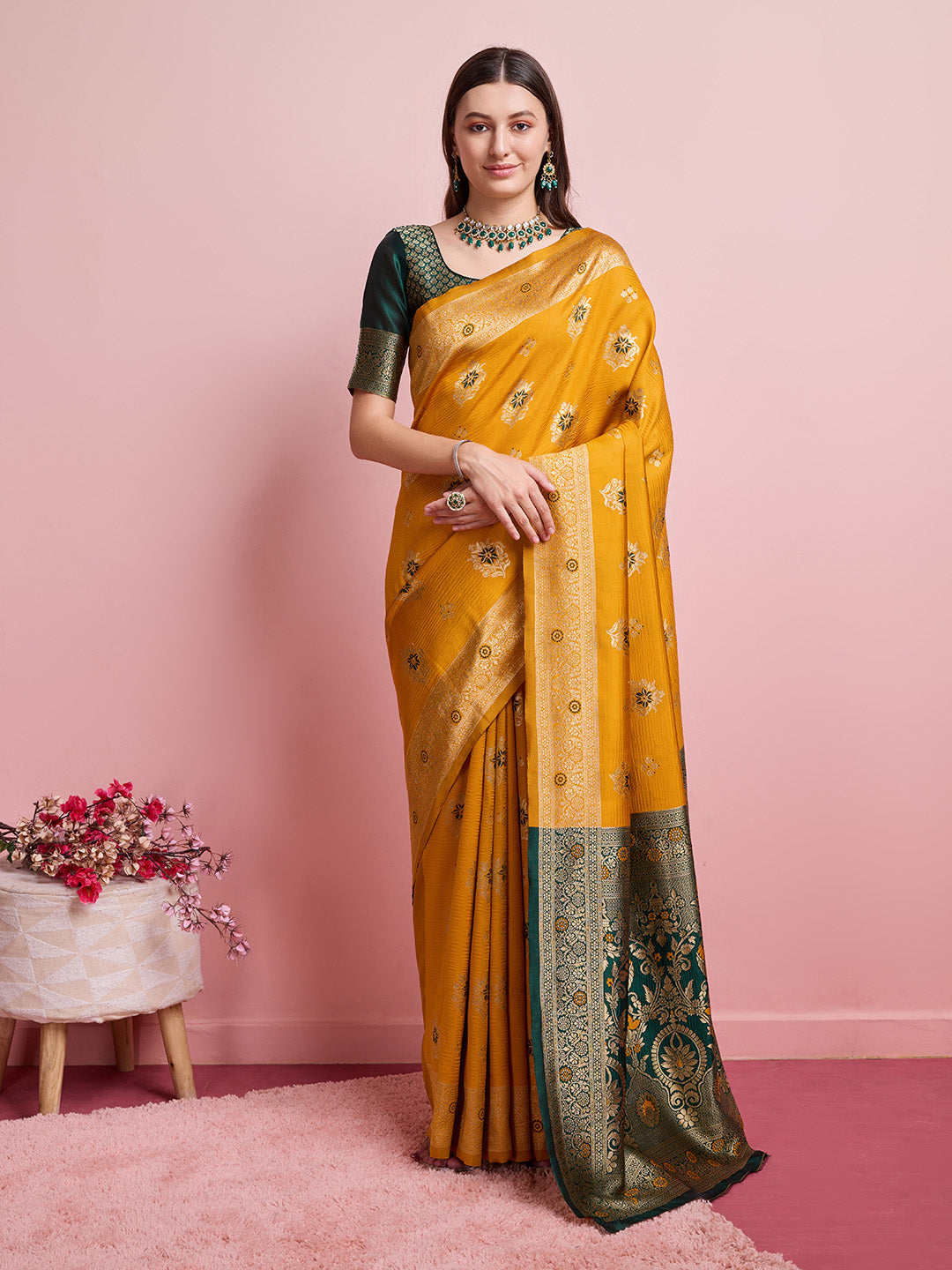 DrapeKatha Golden Harvest – Digital Print Banarasi Silk Blend Saree