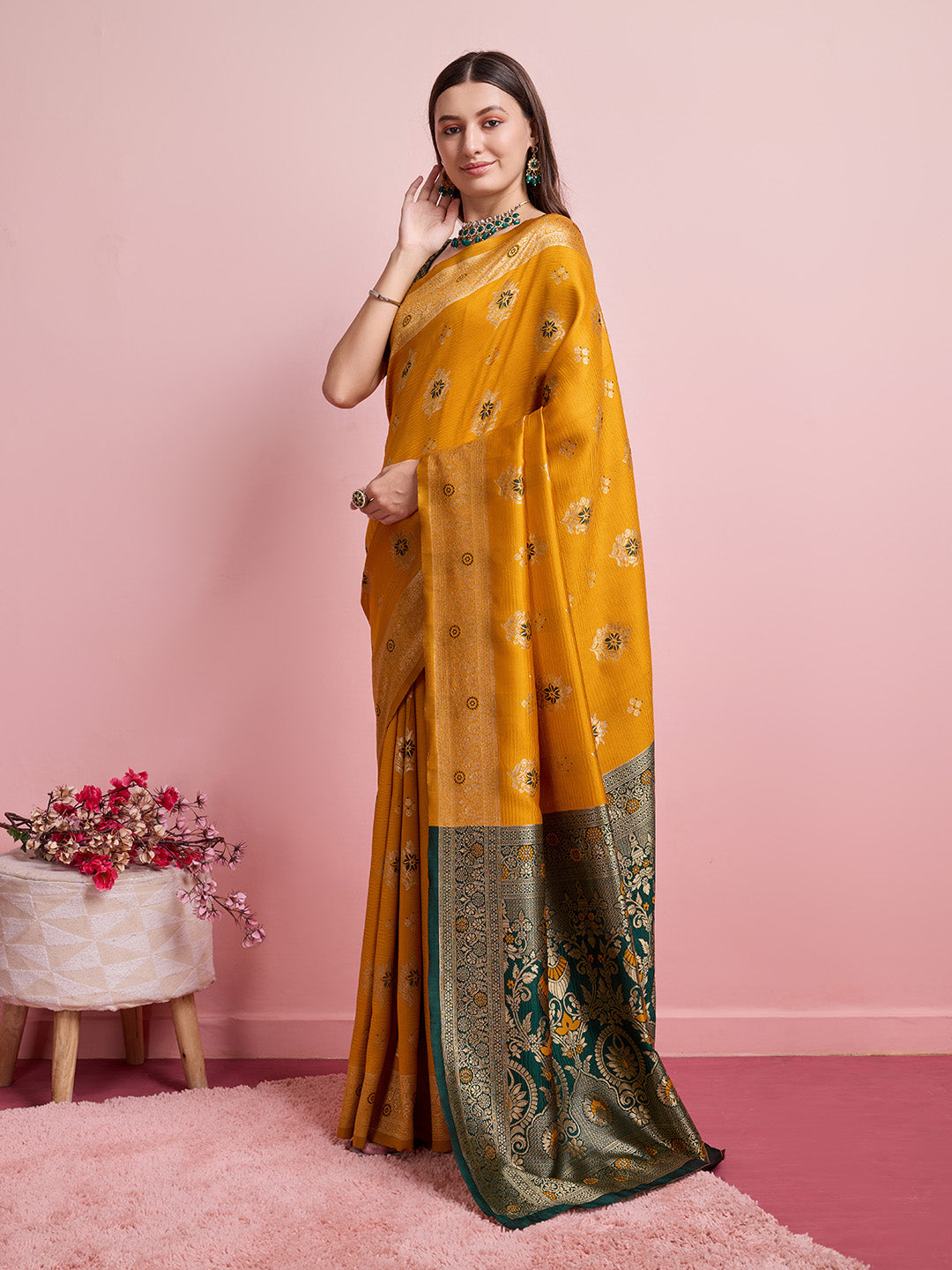 DrapeKatha Golden Harvest – Digital Print Banarasi Silk Blend Saree