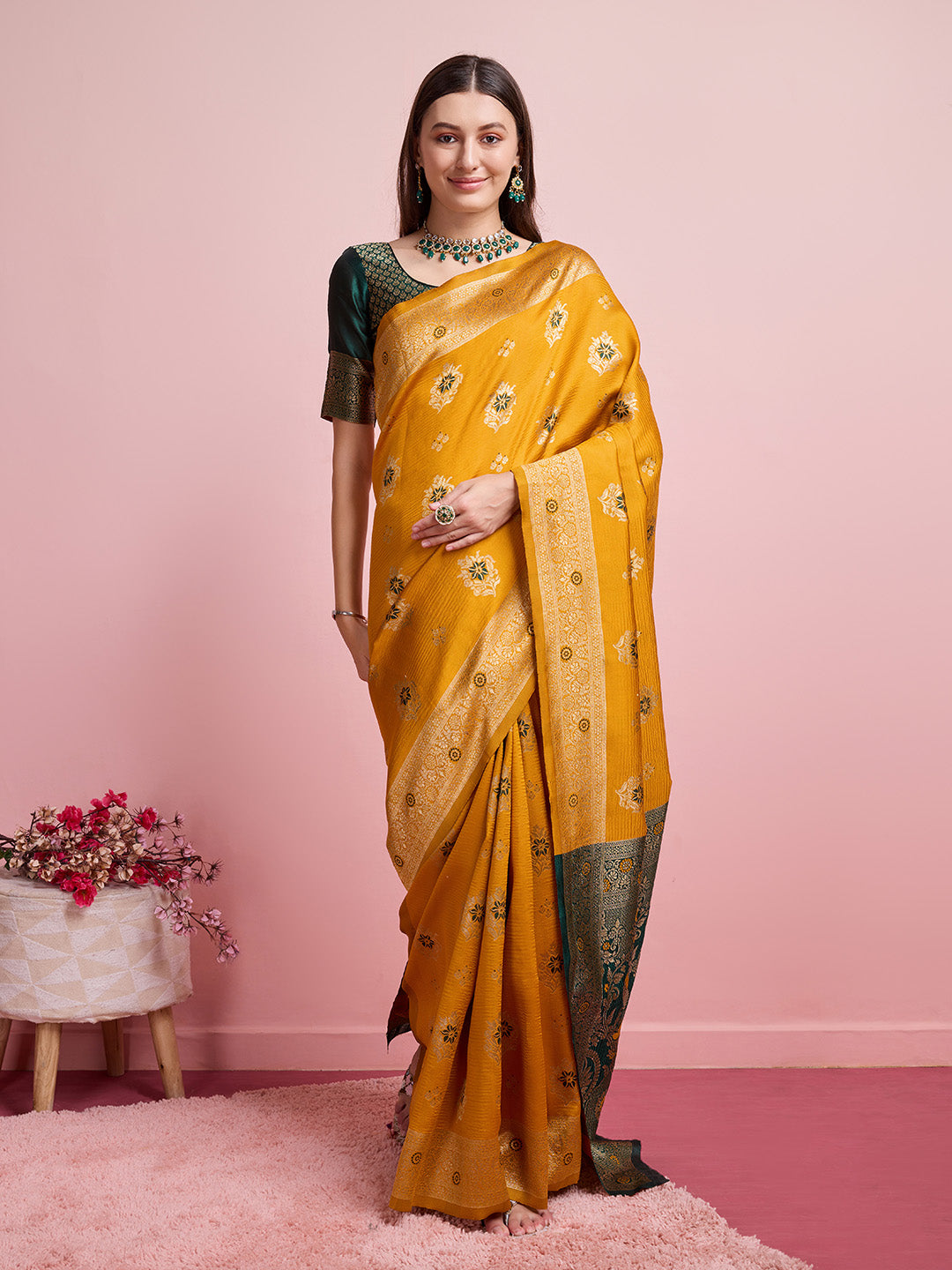 DrapeKatha Golden Harvest – Digital Print Banarasi Silk Blend Saree