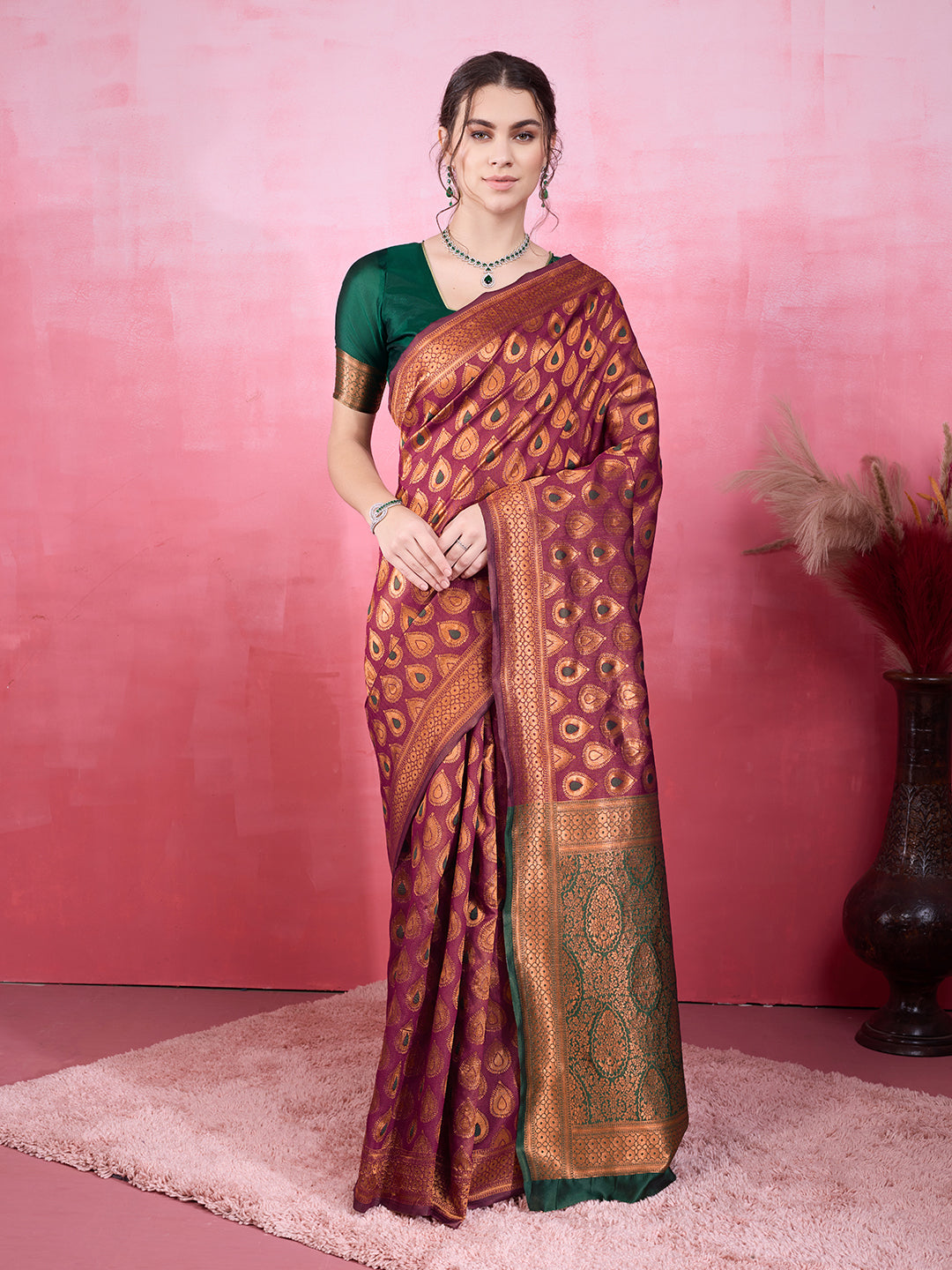 DrapeKatha Royal Wine – Woven Bollywood Pure Silk Saree