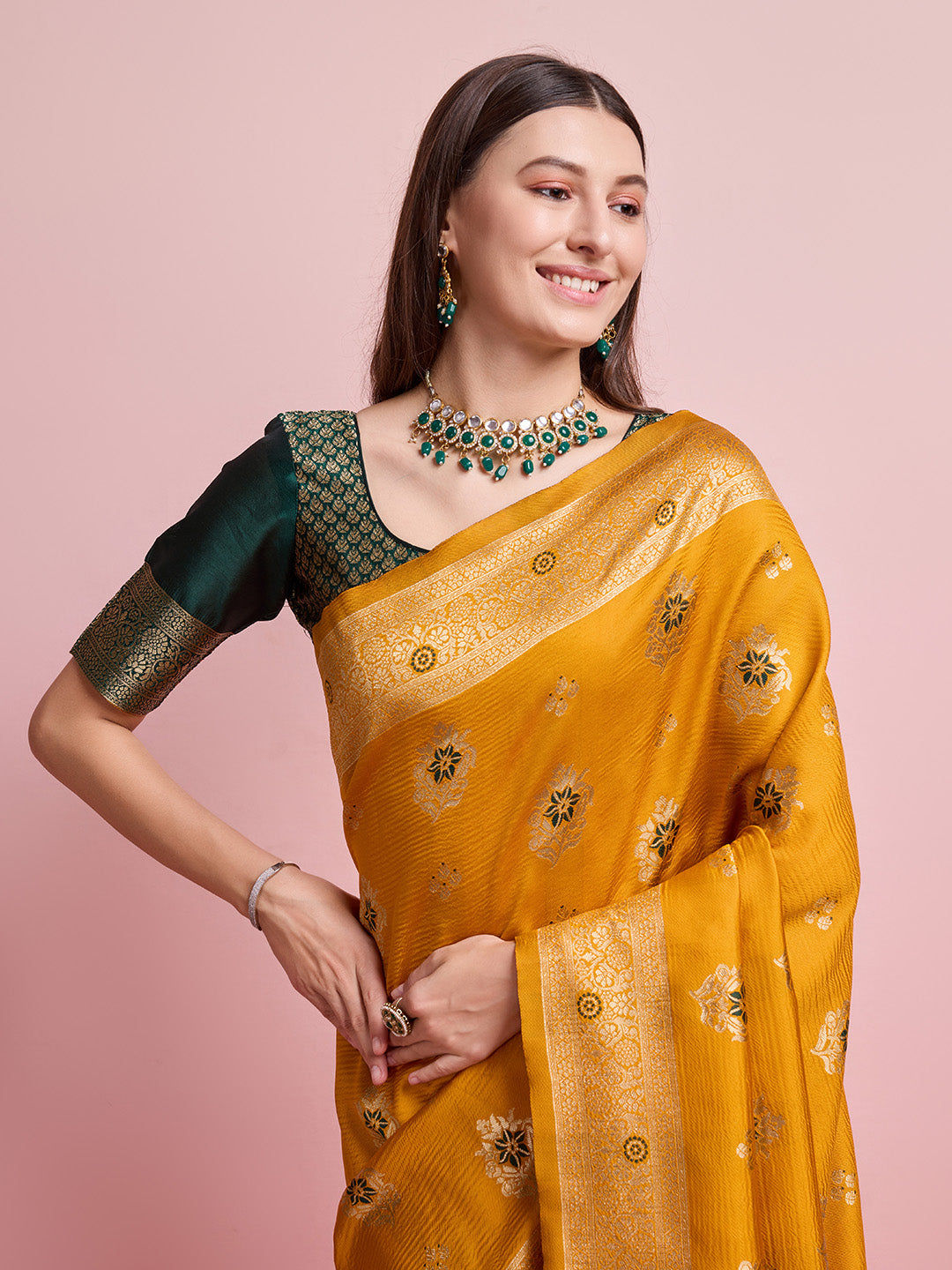 DrapeKatha Golden Harvest – Digital Print Banarasi Silk Blend Saree