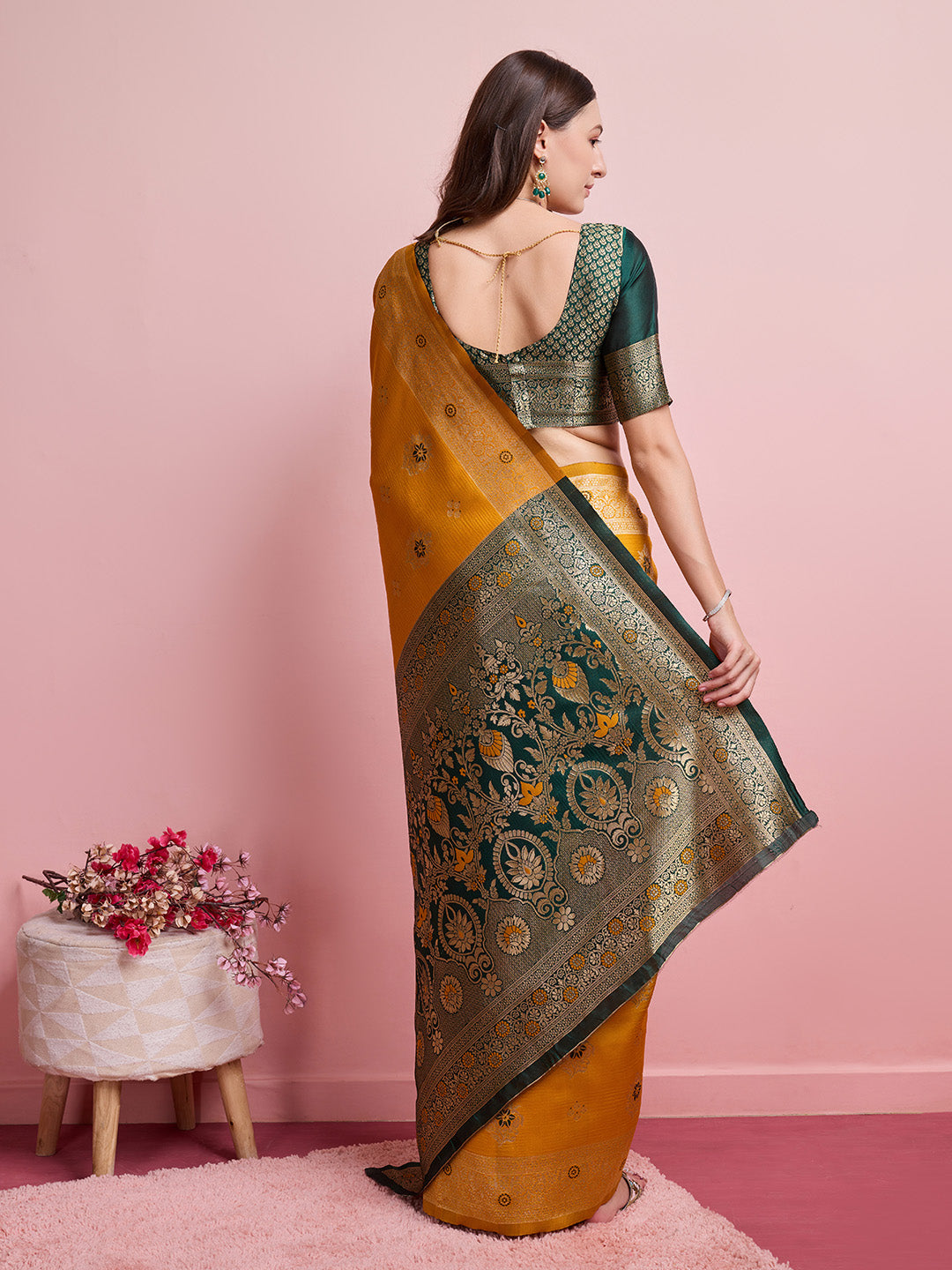 DrapeKatha Golden Harvest – Digital Print Banarasi Silk Blend Saree