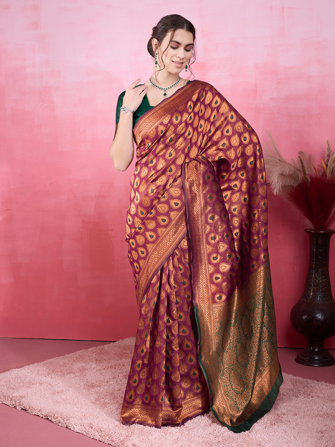 DrapeKatha Royal Wine – Woven Bollywood Pure Silk Saree