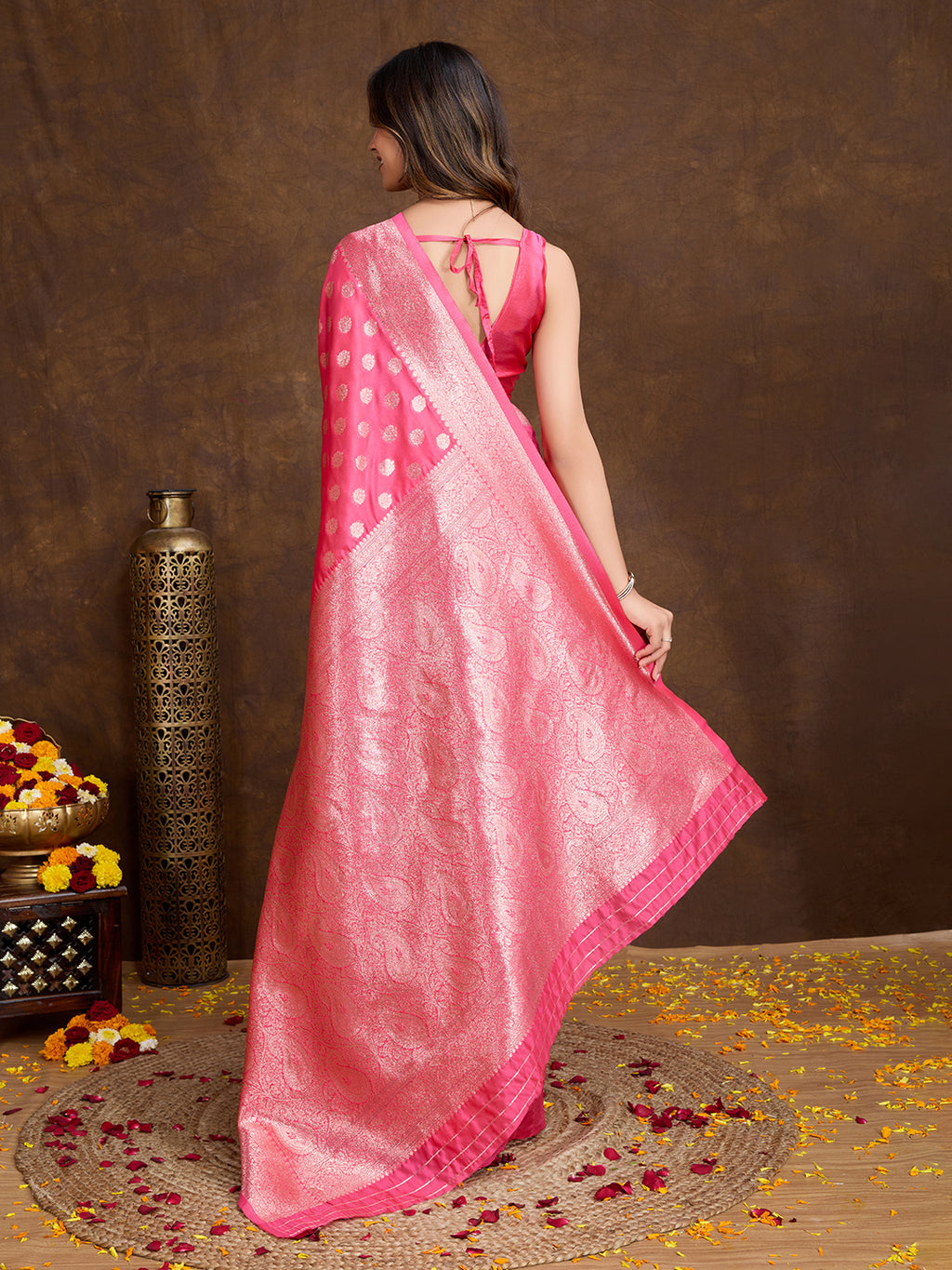 DrapeKatha Rose Charm – Woven Bollywood Pure Silk Saree