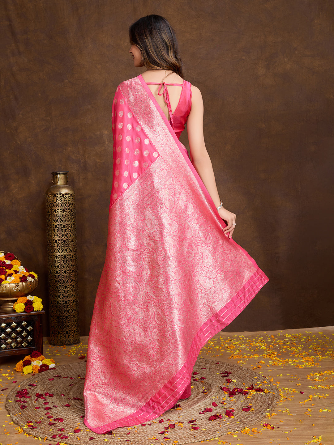 DrapeKatha Rose Charm – Woven Bollywood Pure Silk Saree
