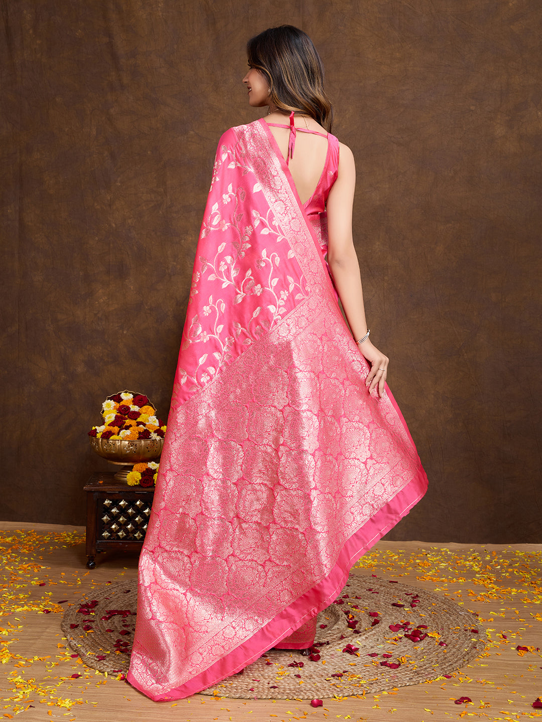 DrapeKatha Blush Bloom – Woven Bollywood Pure Silk Saree