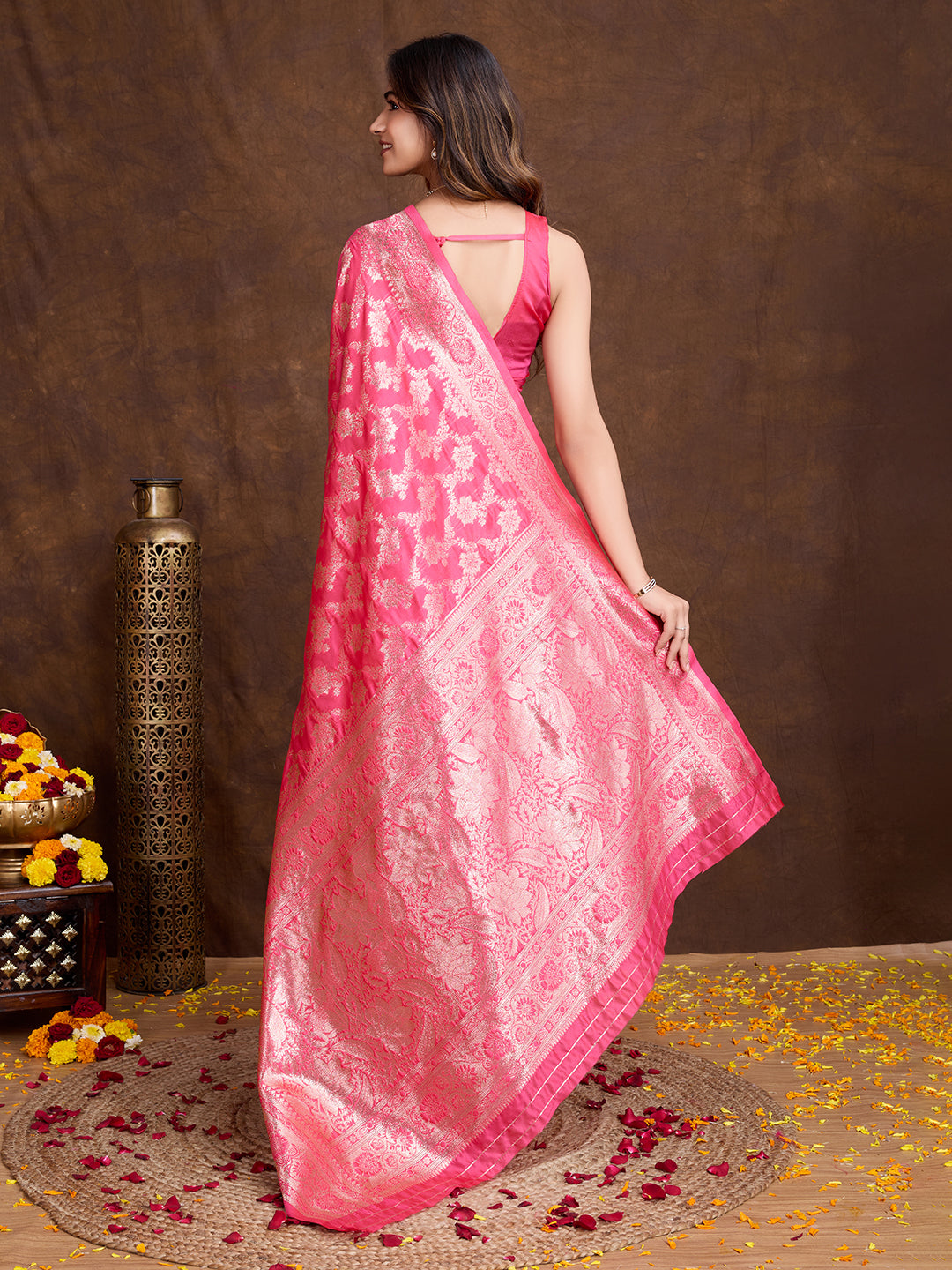 DrapeKatha Rosé Radiance – Woven Bollywood Pure Silk Saree