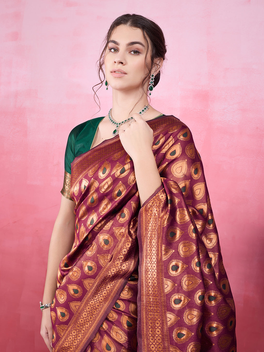 DrapeKatha Royal Wine – Woven Bollywood Pure Silk Saree