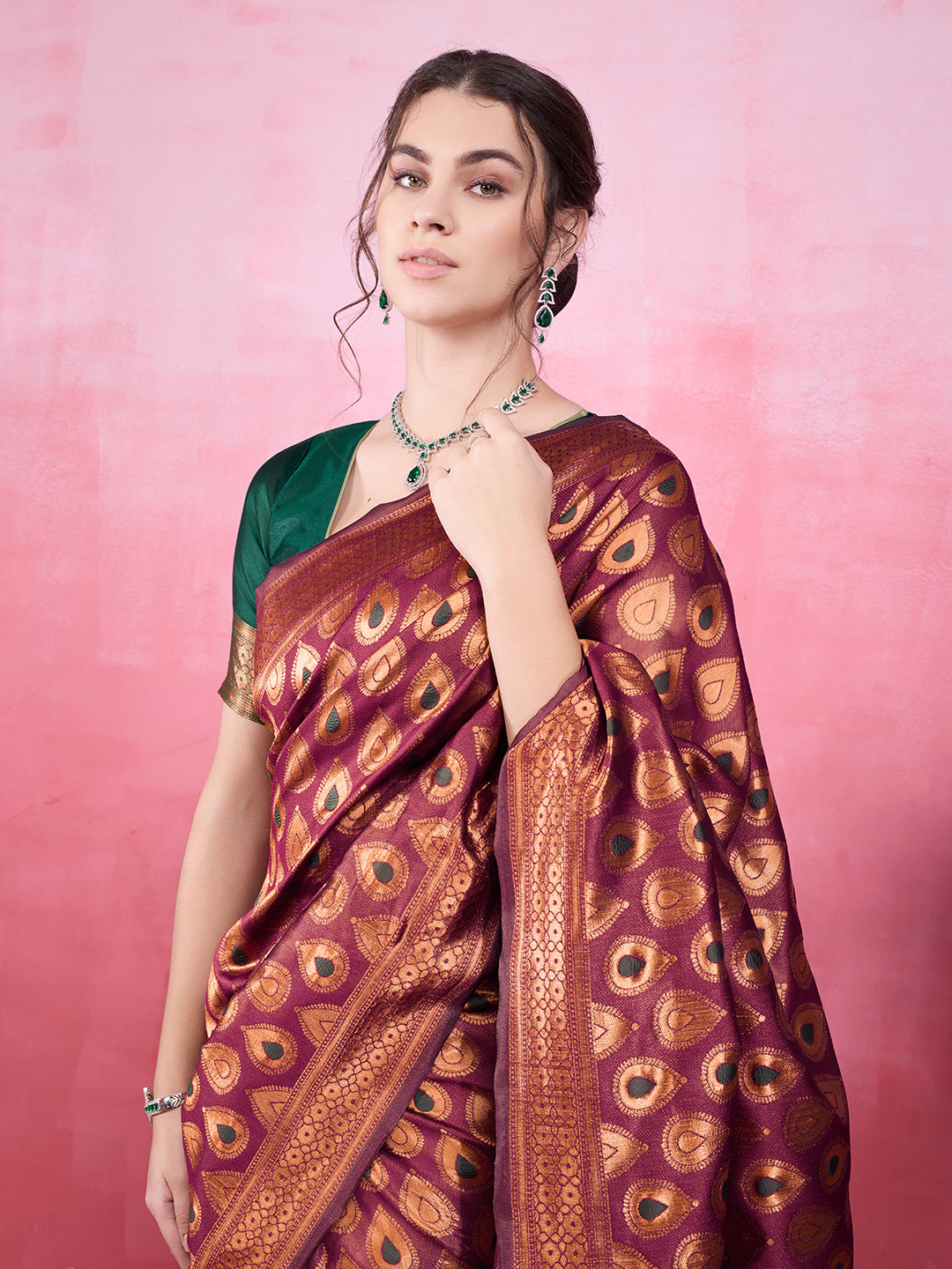 DrapeKatha Royal Wine – Woven Bollywood Pure Silk Saree