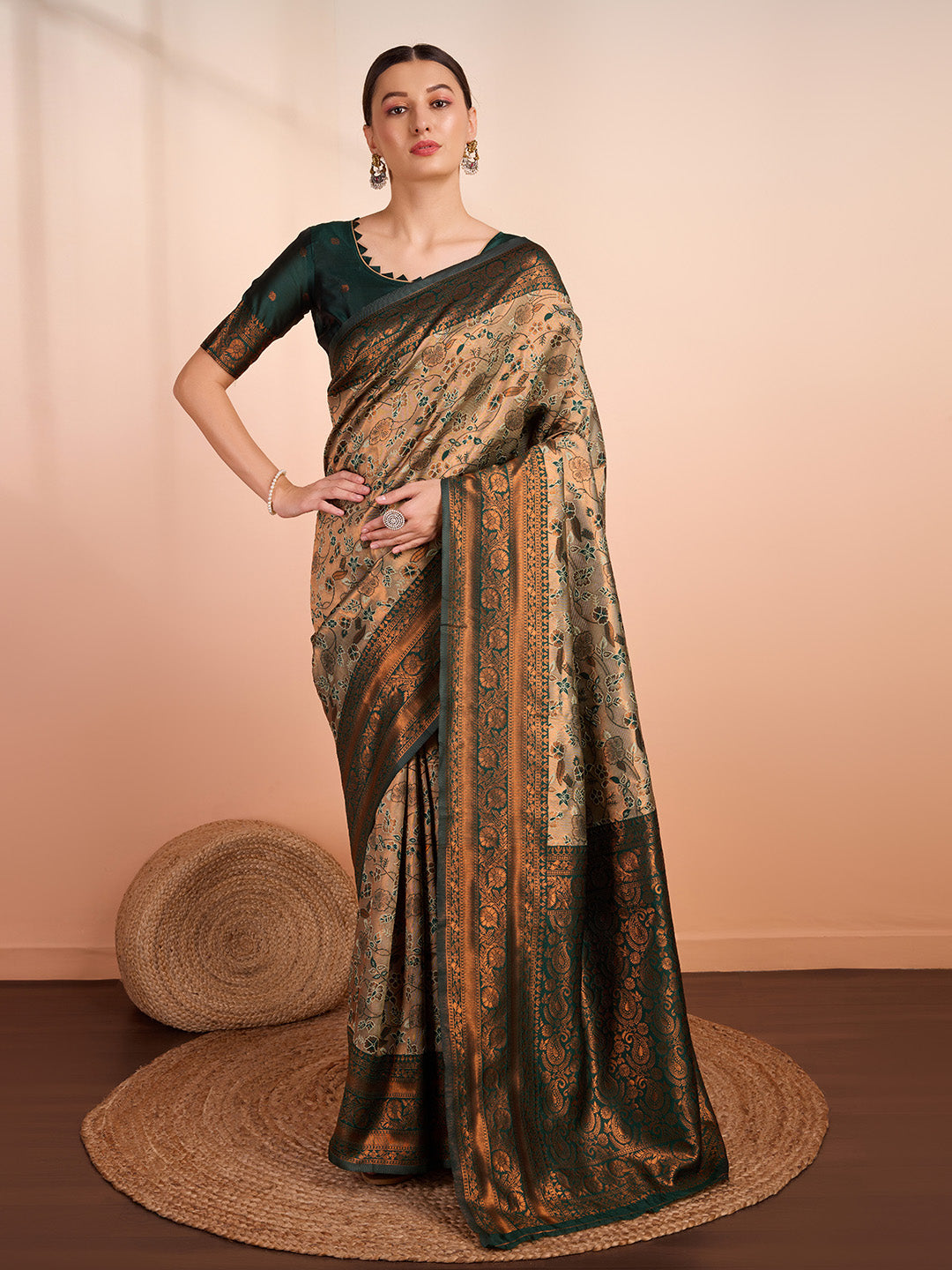 DrapeKatha Emerald Aura – Woven Banarasi Pure Silk Saree