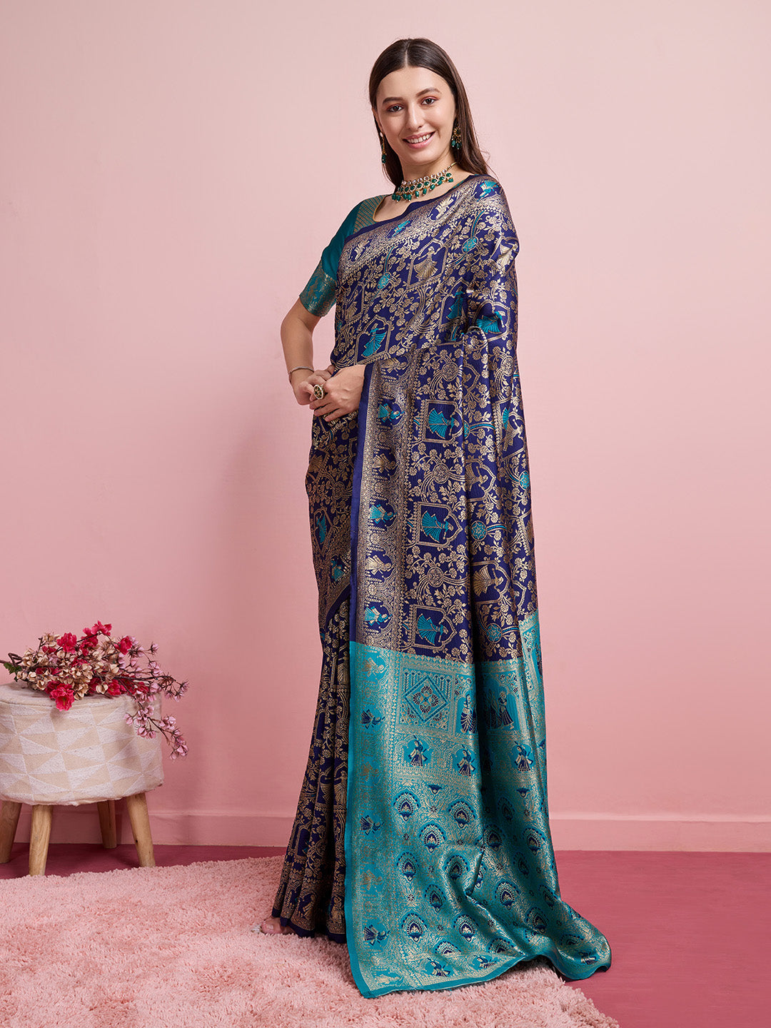 DrapeKatha Mint Muse – Digital Print Banarasi Silk Blend Saree