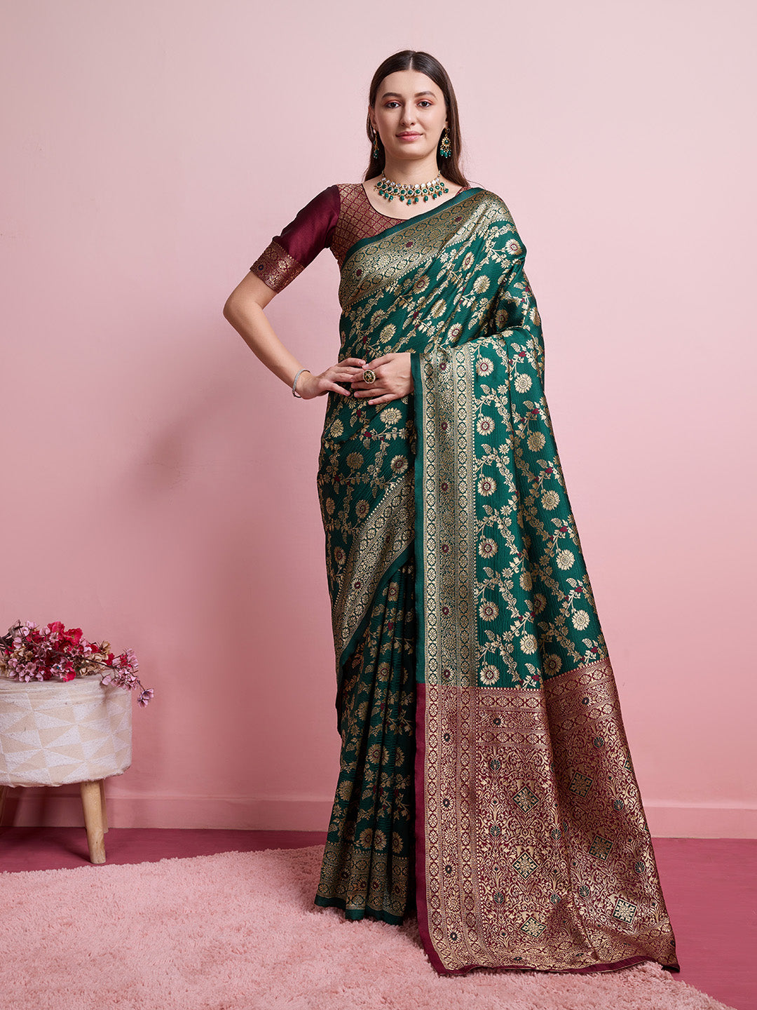 DrapeKatha Neem Elegance – Digital Print Banarasi Silk Blend Saree