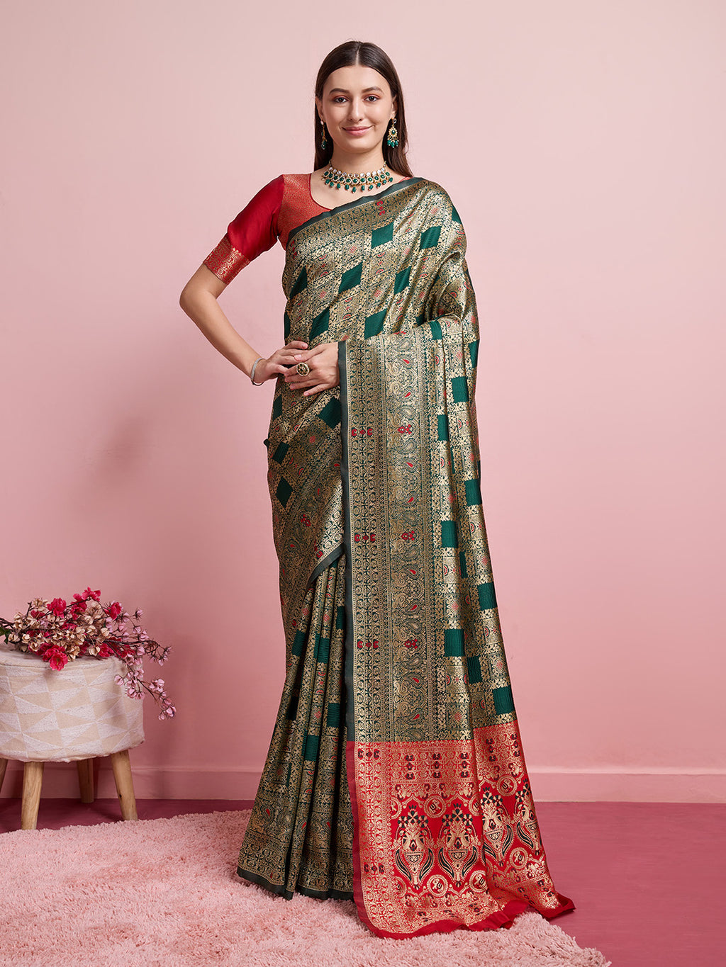 DrapeKatha Leaf Whisper – Digital Print Banarasi Silk Blend Saree