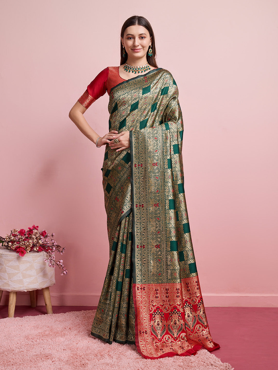 DrapeKatha Leaf Whisper – Digital Print Banarasi Silk Blend Saree