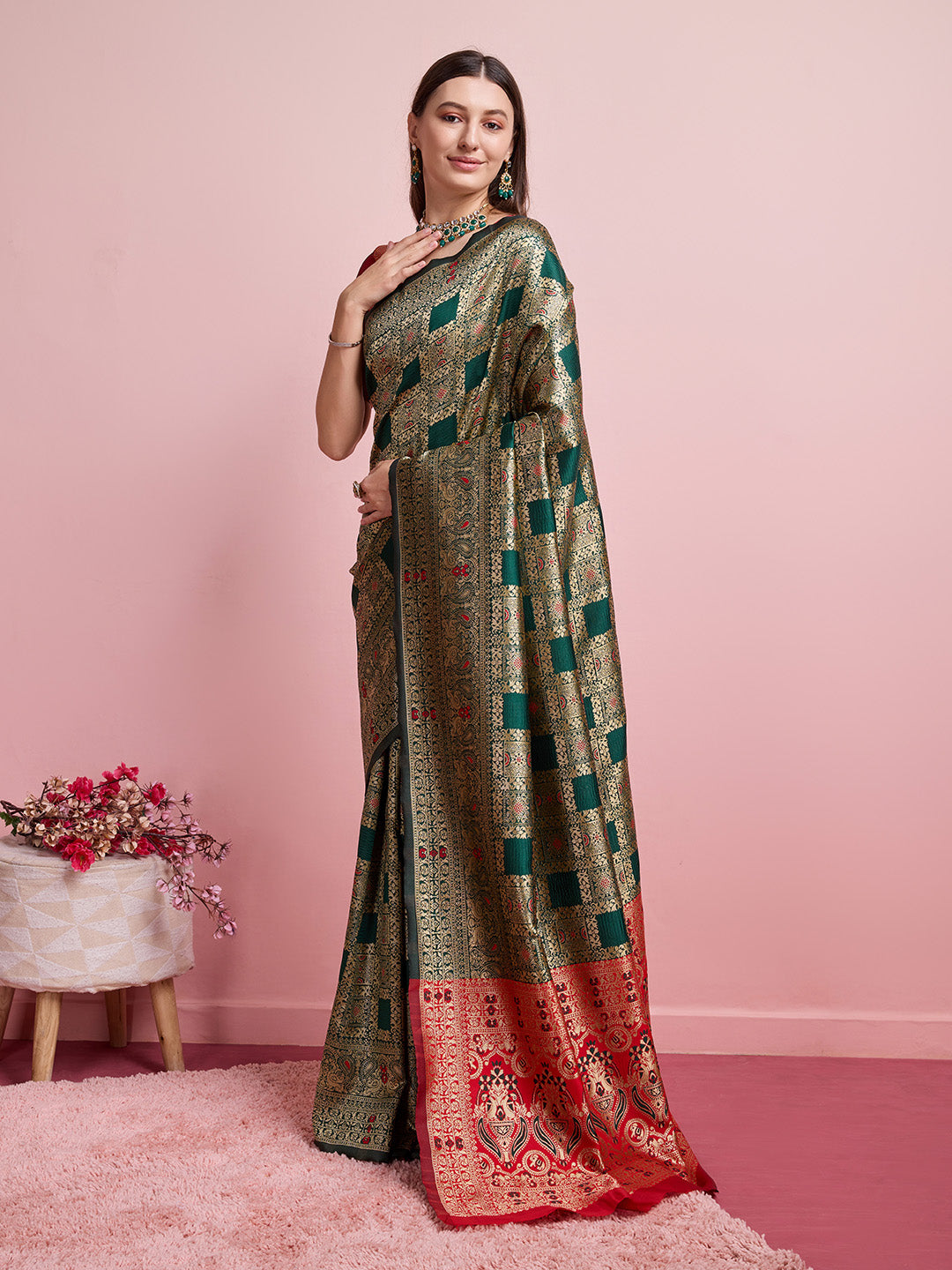 DrapeKatha Leaf Whisper – Digital Print Banarasi Silk Blend Saree