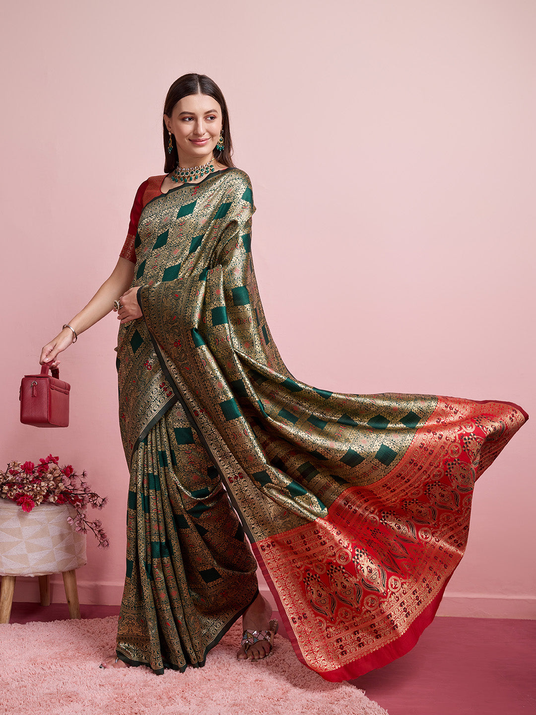 DrapeKatha Leaf Whisper – Digital Print Banarasi Silk Blend Saree