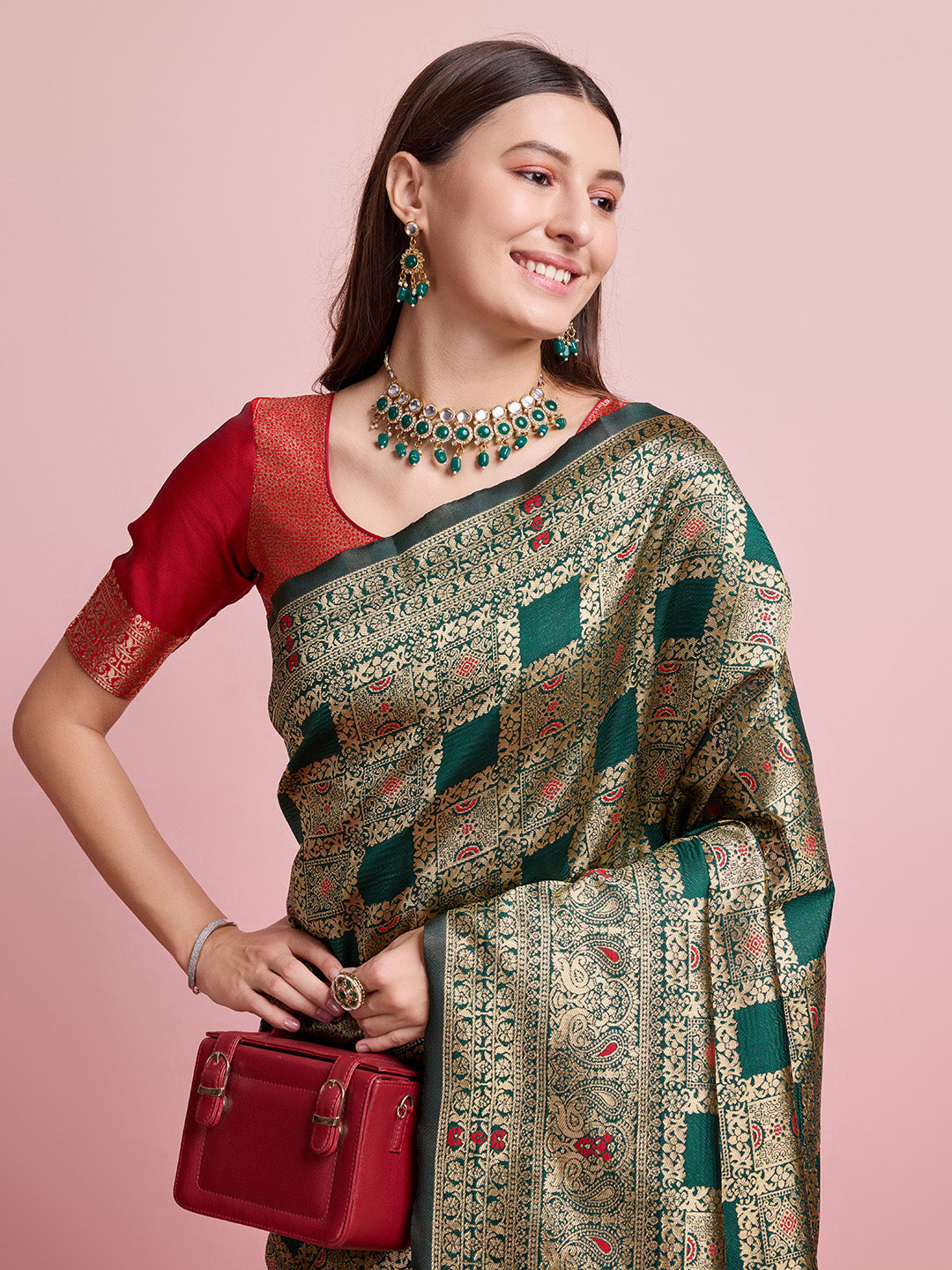 DrapeKatha Leaf Whisper – Digital Print Banarasi Silk Blend Saree