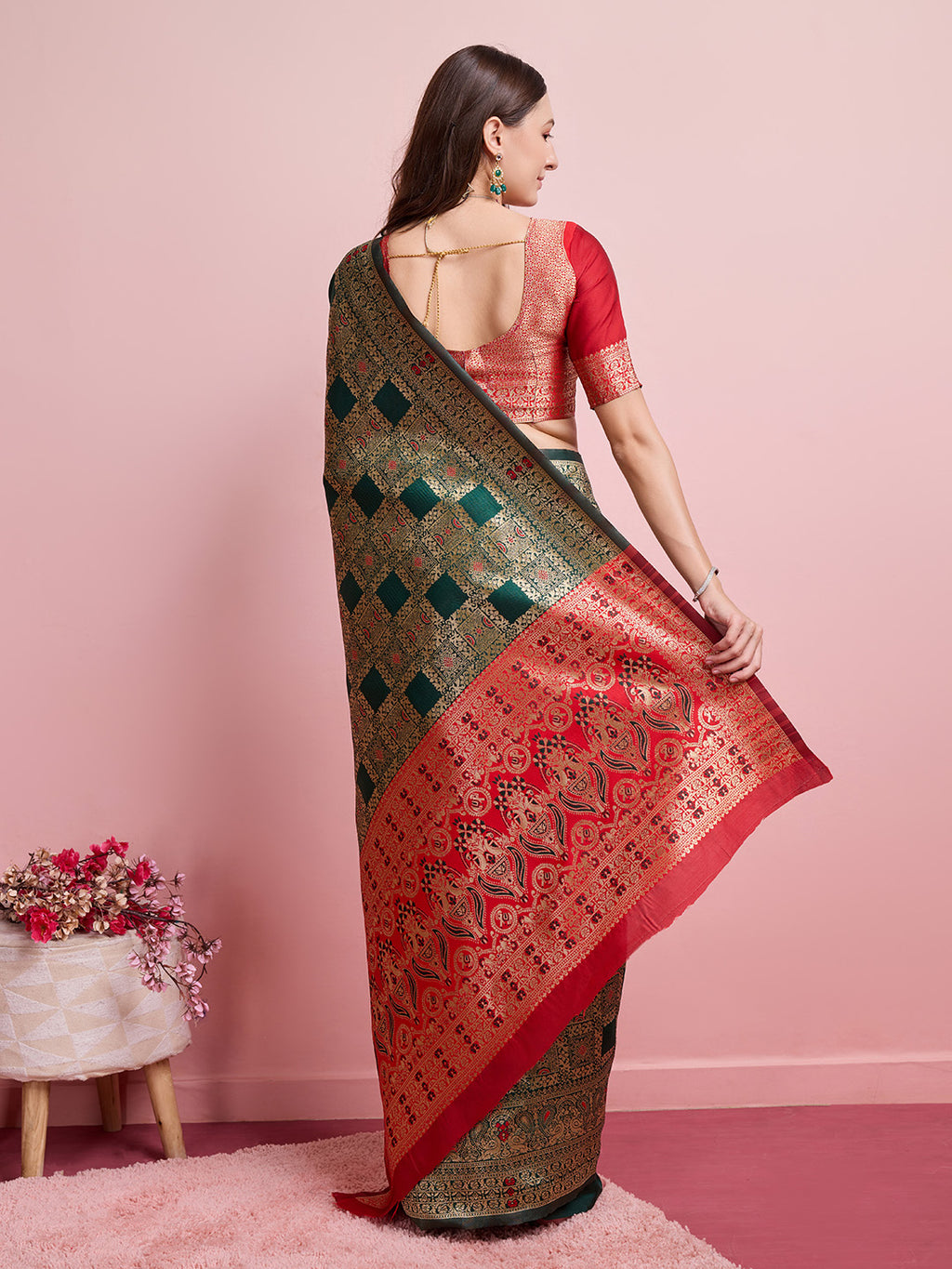DrapeKatha Leaf Whisper – Digital Print Banarasi Silk Blend Saree