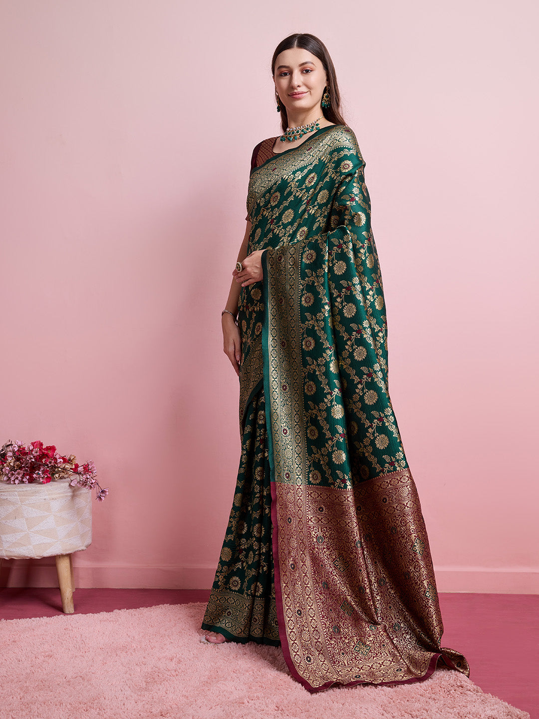 DrapeKatha Neem Elegance – Digital Print Banarasi Silk Blend Saree