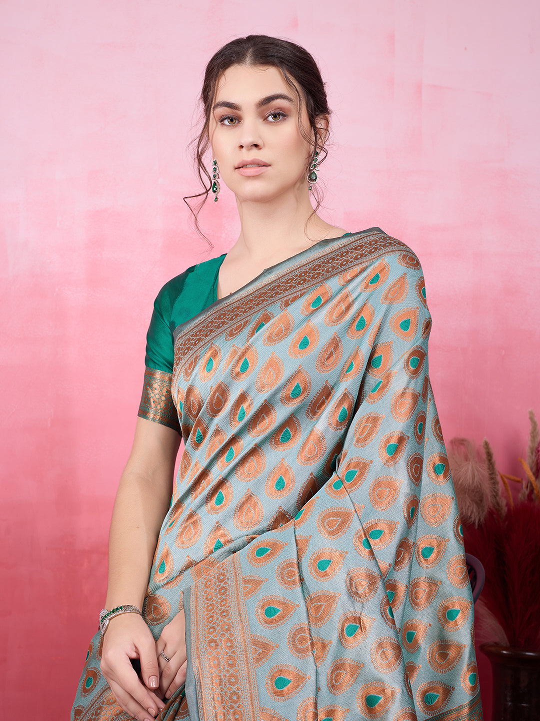 DrapeKatha Emerald Poise – Woven Bollywood Pure Silk Saree