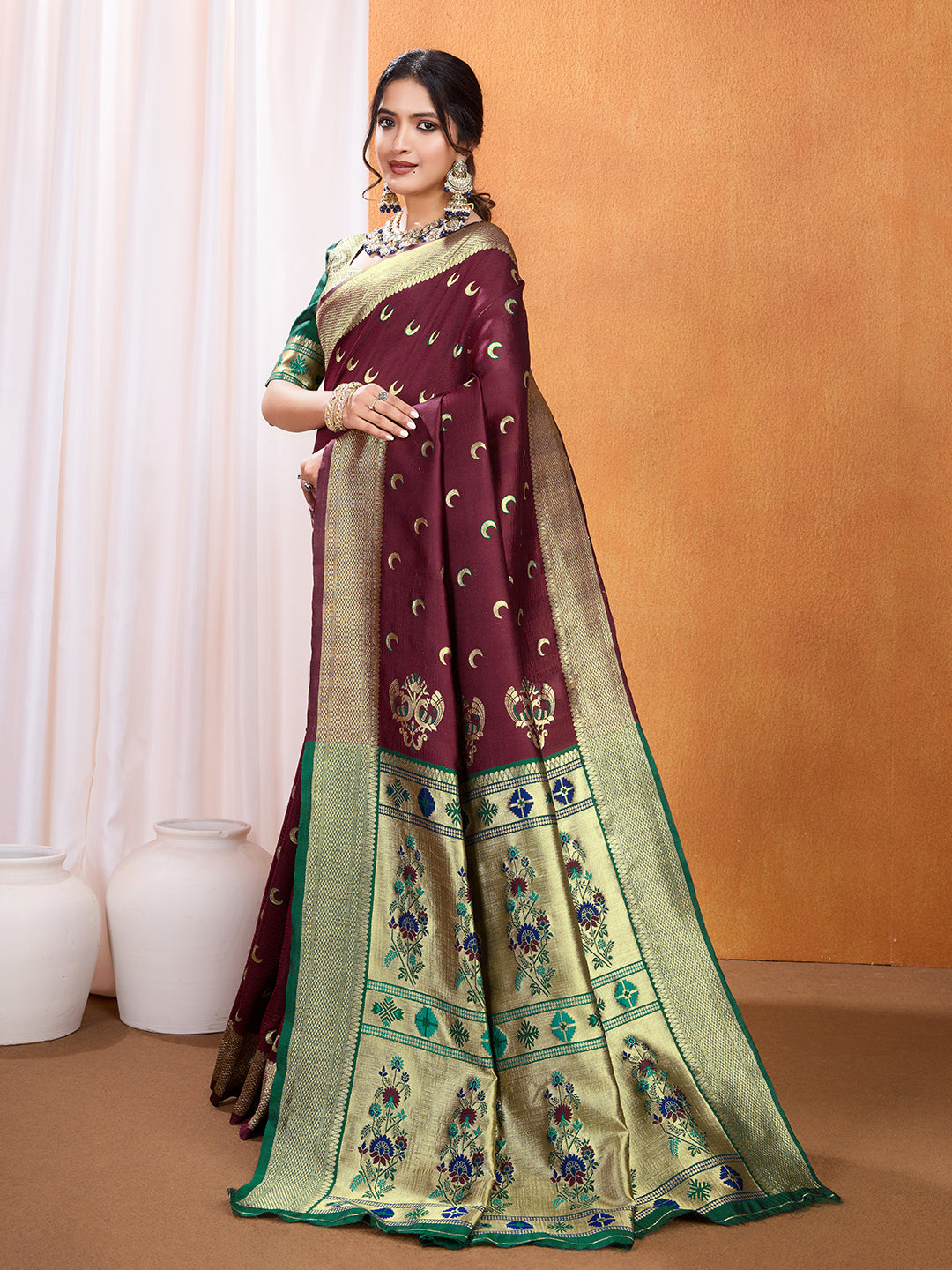 DrapeKatha Wine Enchant – Embellished Banarasi Tussar Silk Saree