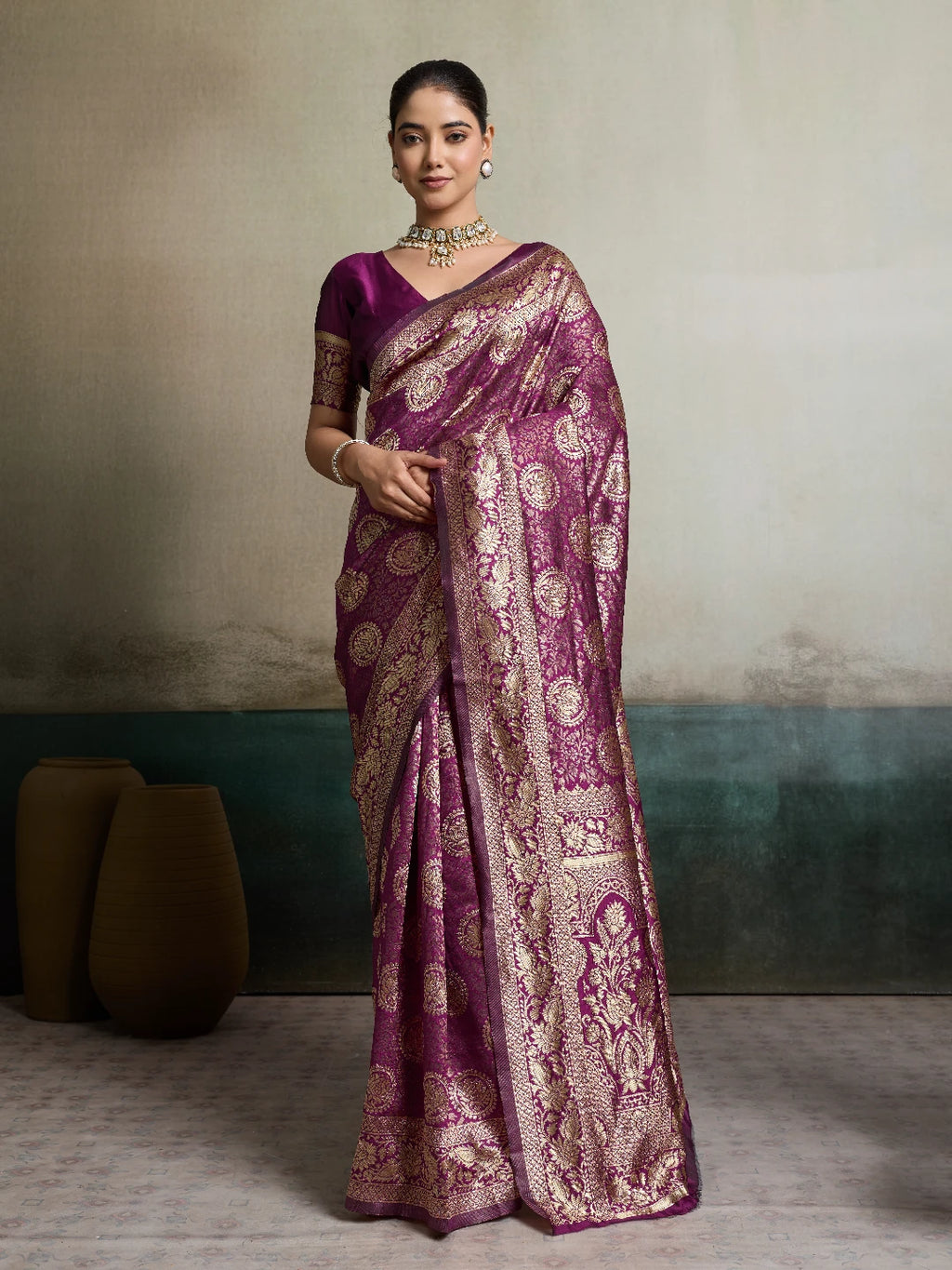 DrapeKatha Rani Plum – Shahi Zari Silk Saree
