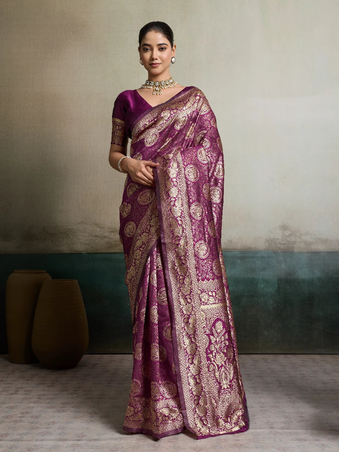 DrapeKatha Rani Plum – Shahi Zari Silk Saree