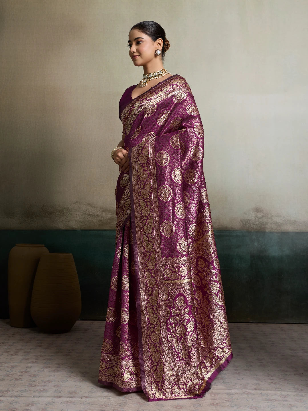 DrapeKatha Rani Plum – Shahi Zari Silk Saree