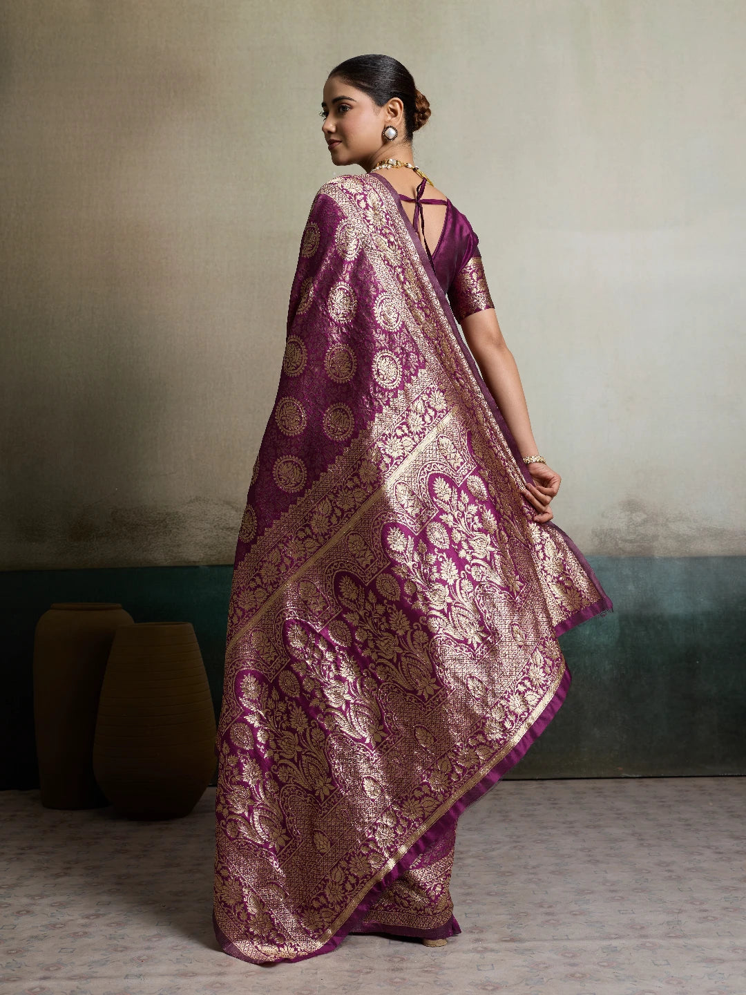 DrapeKatha Rani Plum – Shahi Zari Silk Saree