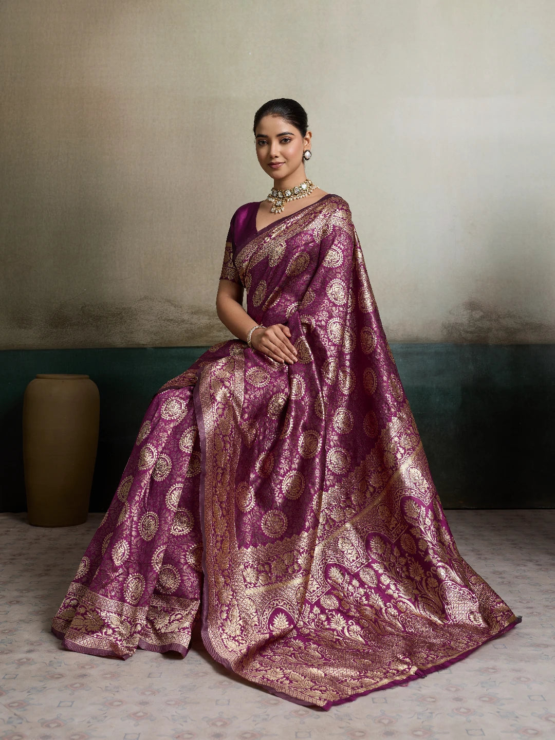 DrapeKatha Rani Plum – Shahi Zari Silk Saree