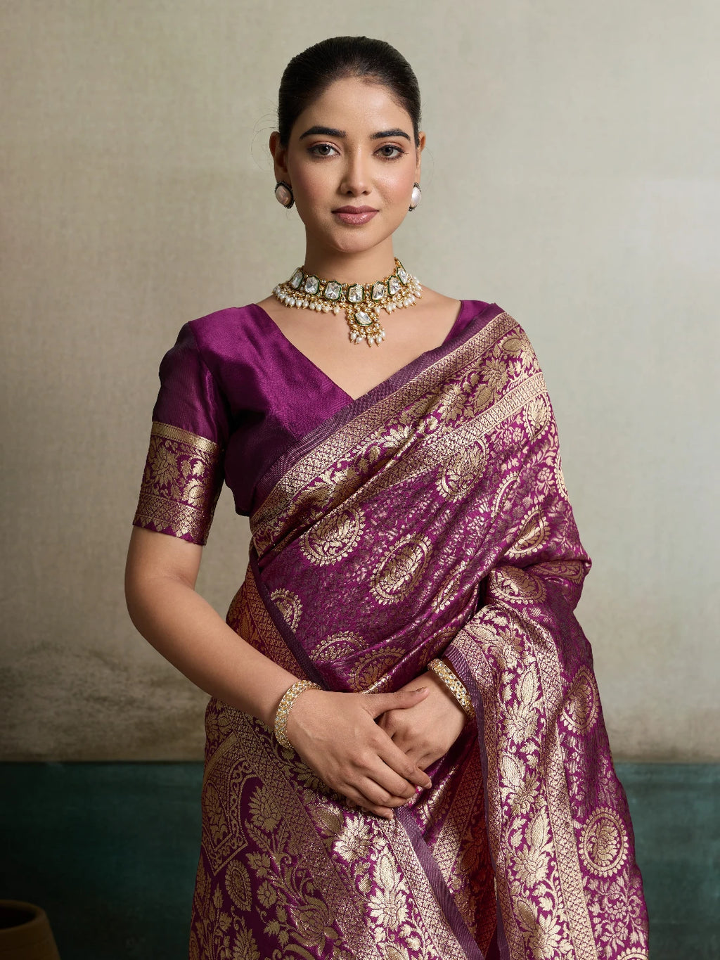 DrapeKatha Rani Plum – Shahi Zari Silk Saree