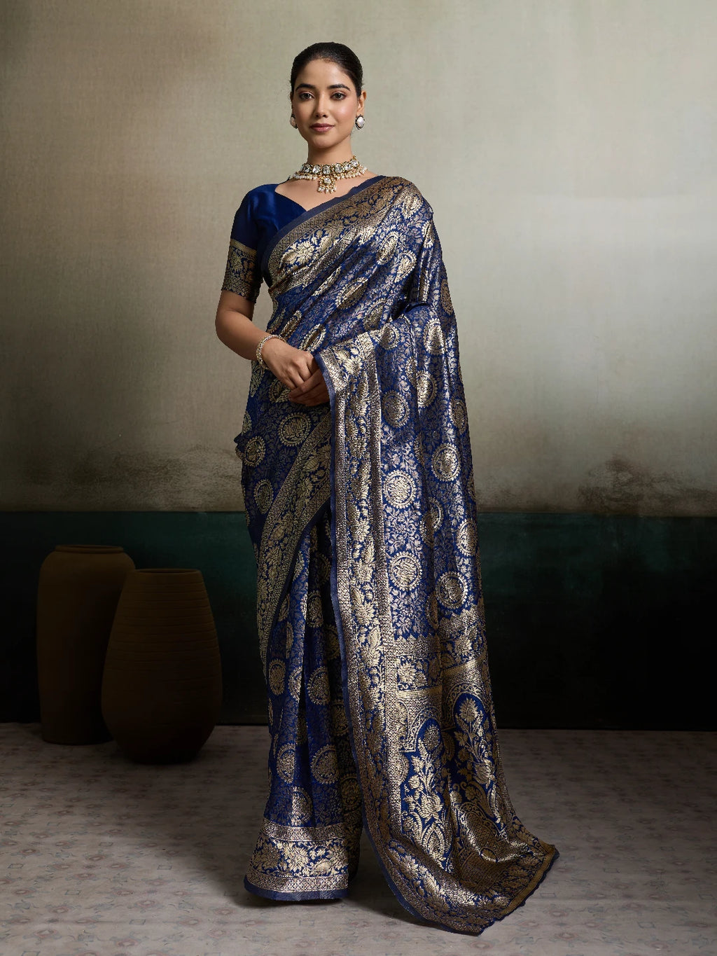 DrapeKatha Midnight Neel – Royal Zari Brocade Silk Saree