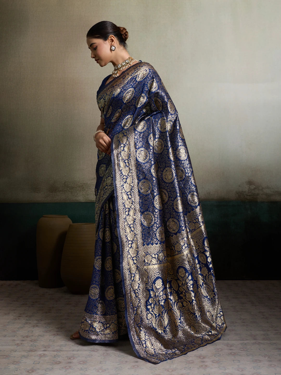 DrapeKatha Midnight Neel – Royal Zari Brocade Silk Saree