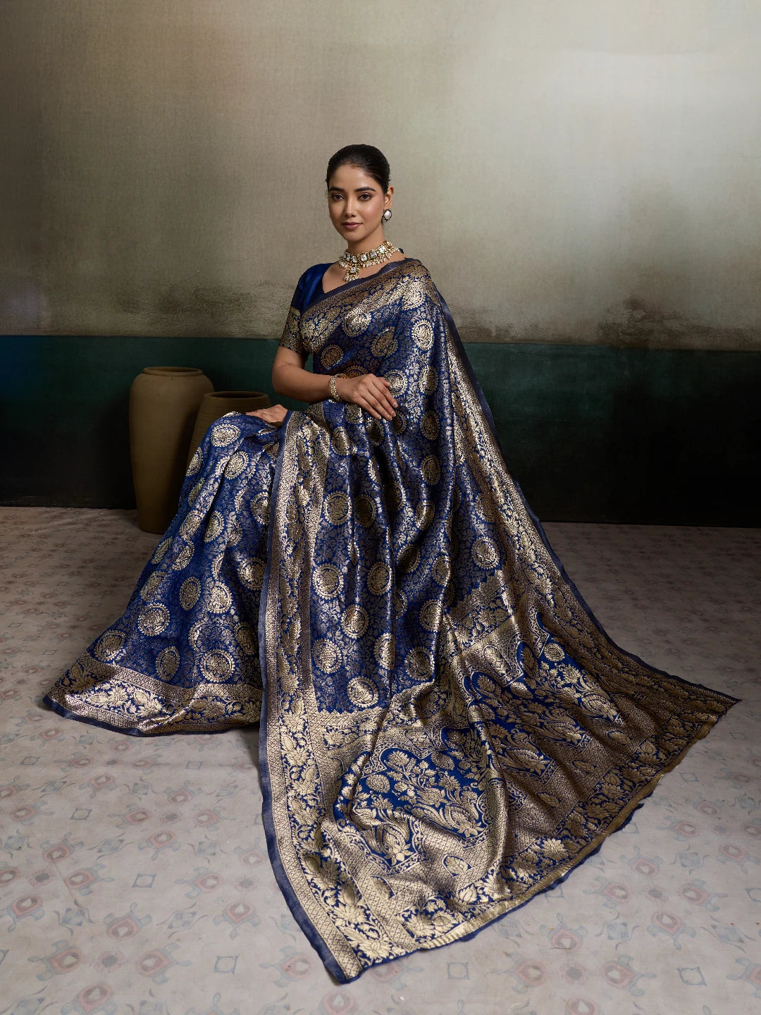 DrapeKatha Midnight Neel – Royal Zari Brocade Silk Saree