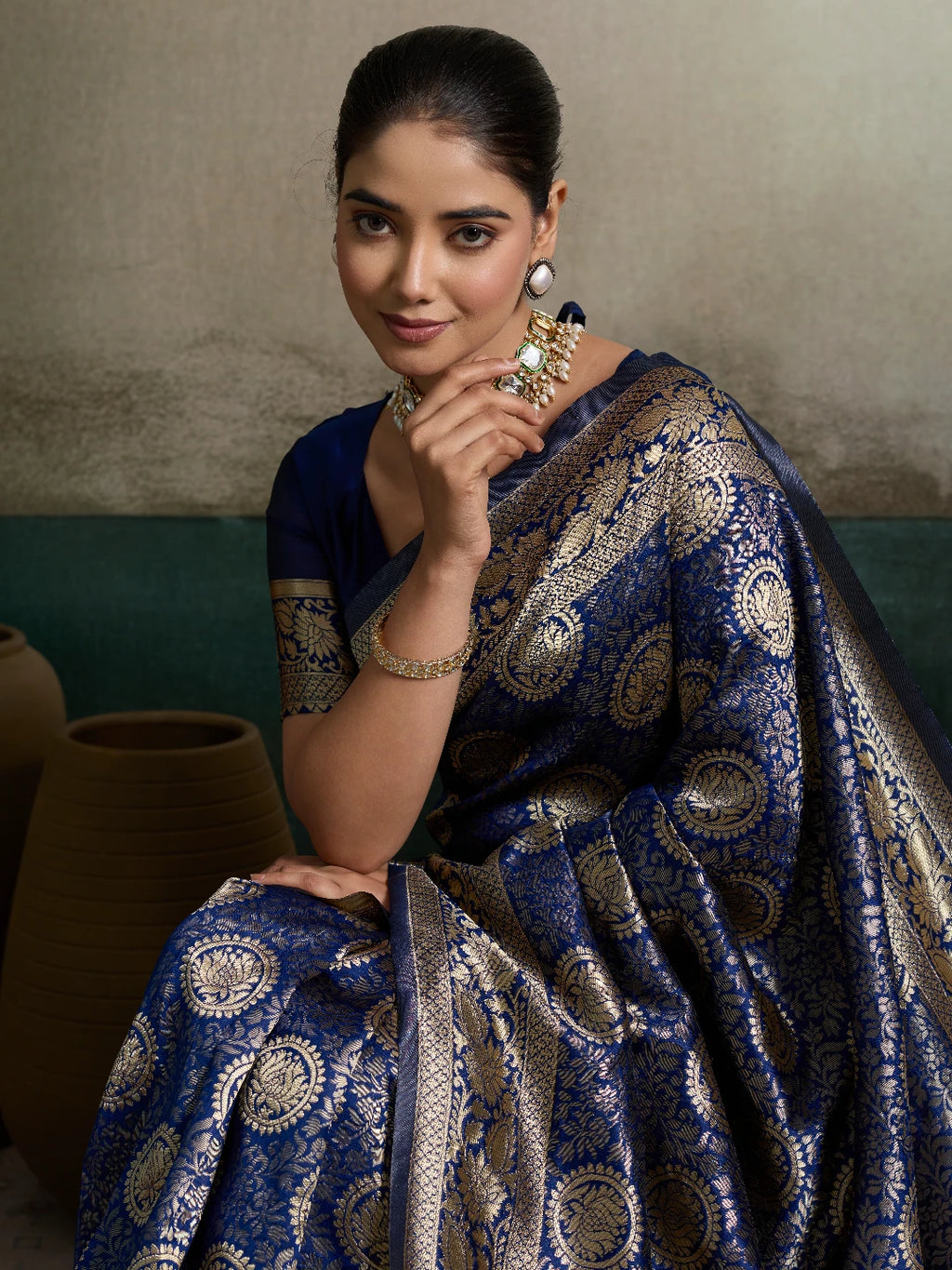 DrapeKatha Midnight Neel – Royal Zari Brocade Silk Saree